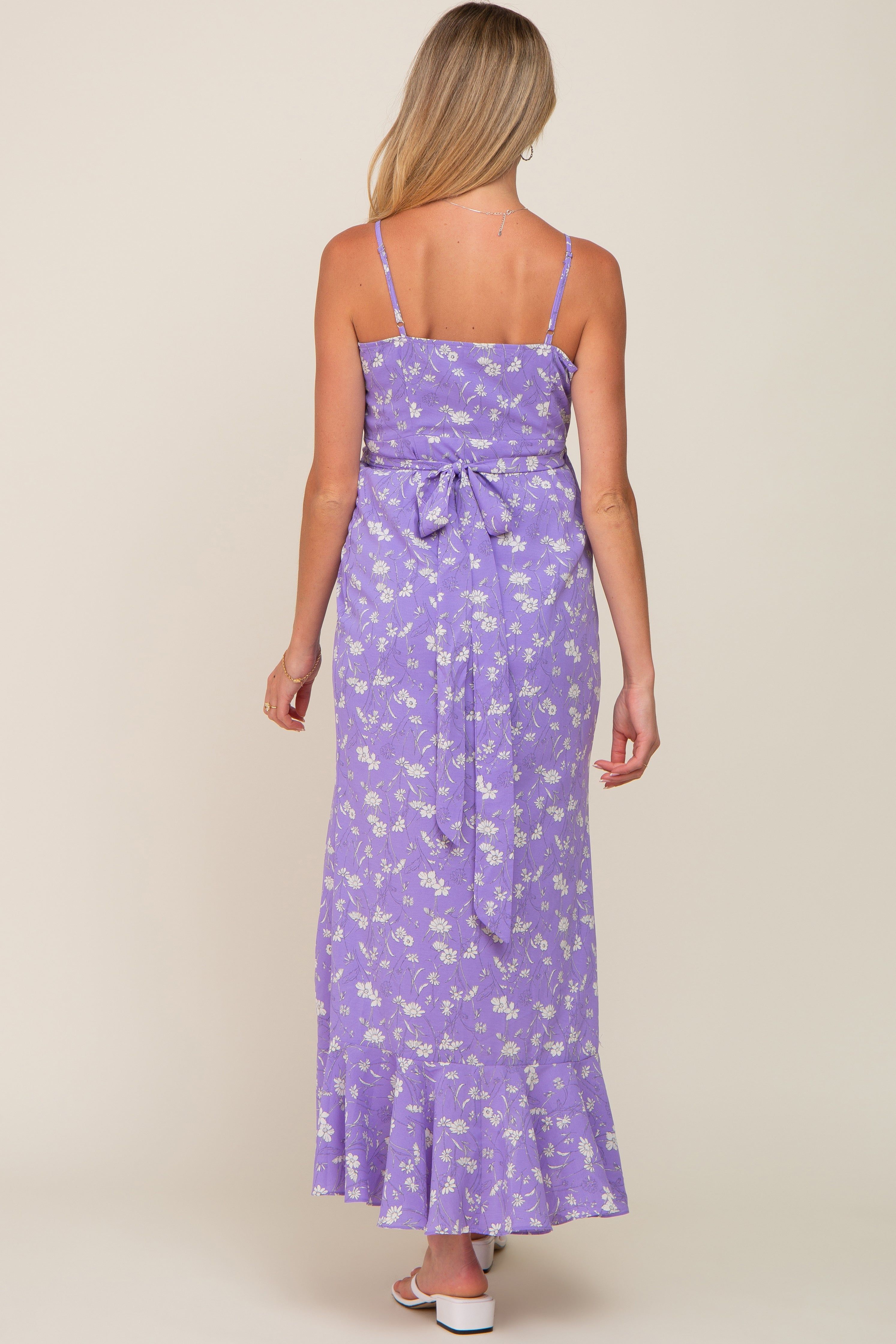 Lavender Floral Flounce Hi-Lo Maternity Wrap Maxi Dress sold by Pinkblush product image thumbnail 3