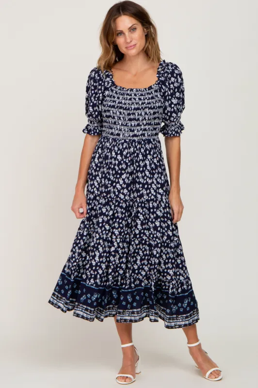 Navy Blue Floral Smocked Embroidered Square Neck Midi Dress sold by Pinkblush