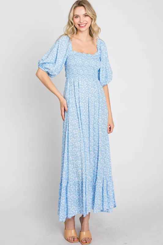Blue Floral Smocked Maxi Dress sold by Pinkblush