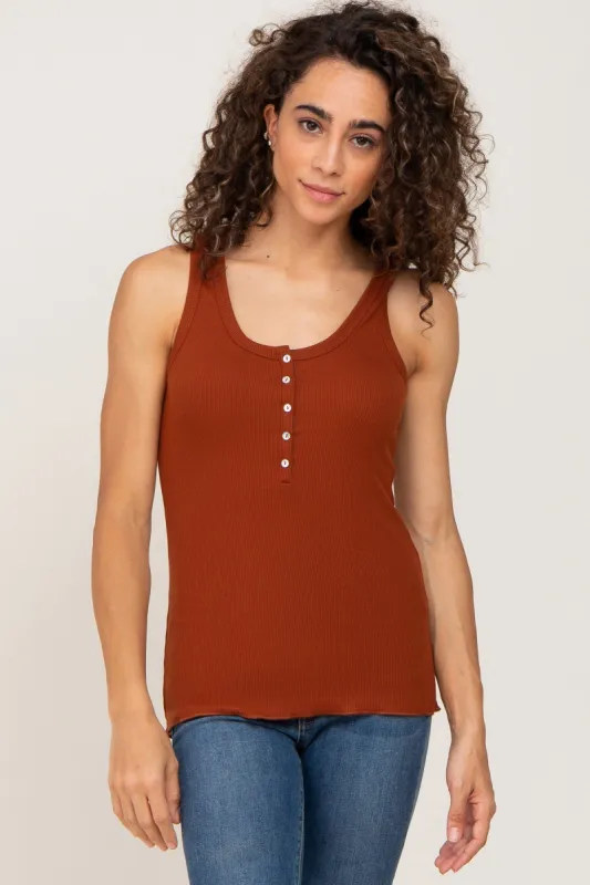 Camel Ribbed Button Front Tank Top sold by Pinkblush