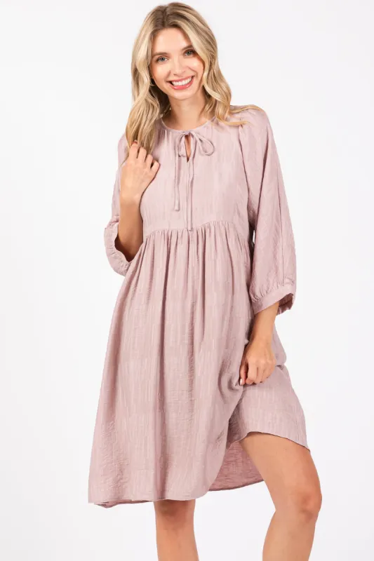 Mauve Printed Front Tie 3/4 Sleeve Dress sold by Pinkblush