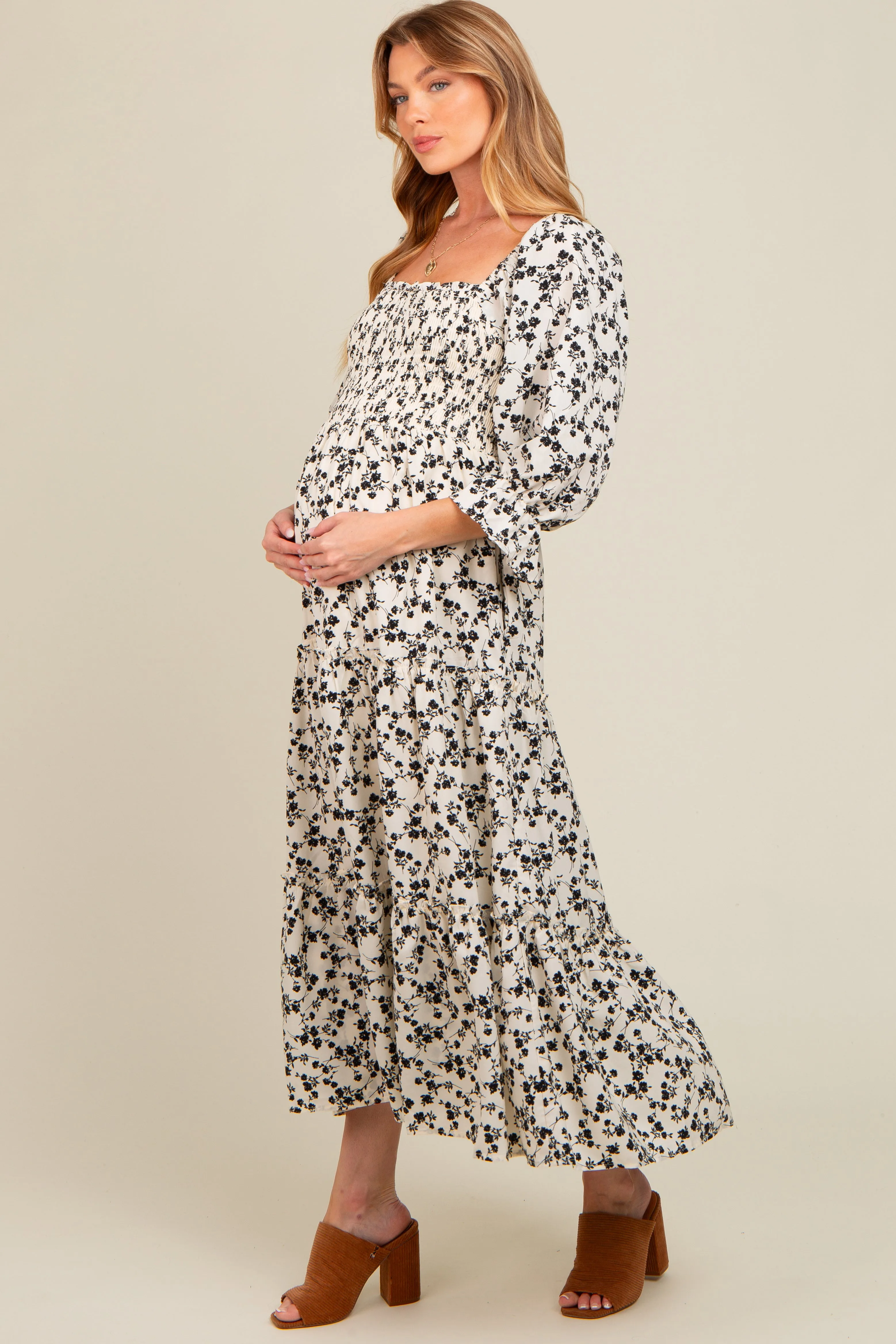 Cream Smocked Tiered Pocketed Maternity Midi Dress sold by Pinkblush product image thumbnail 2