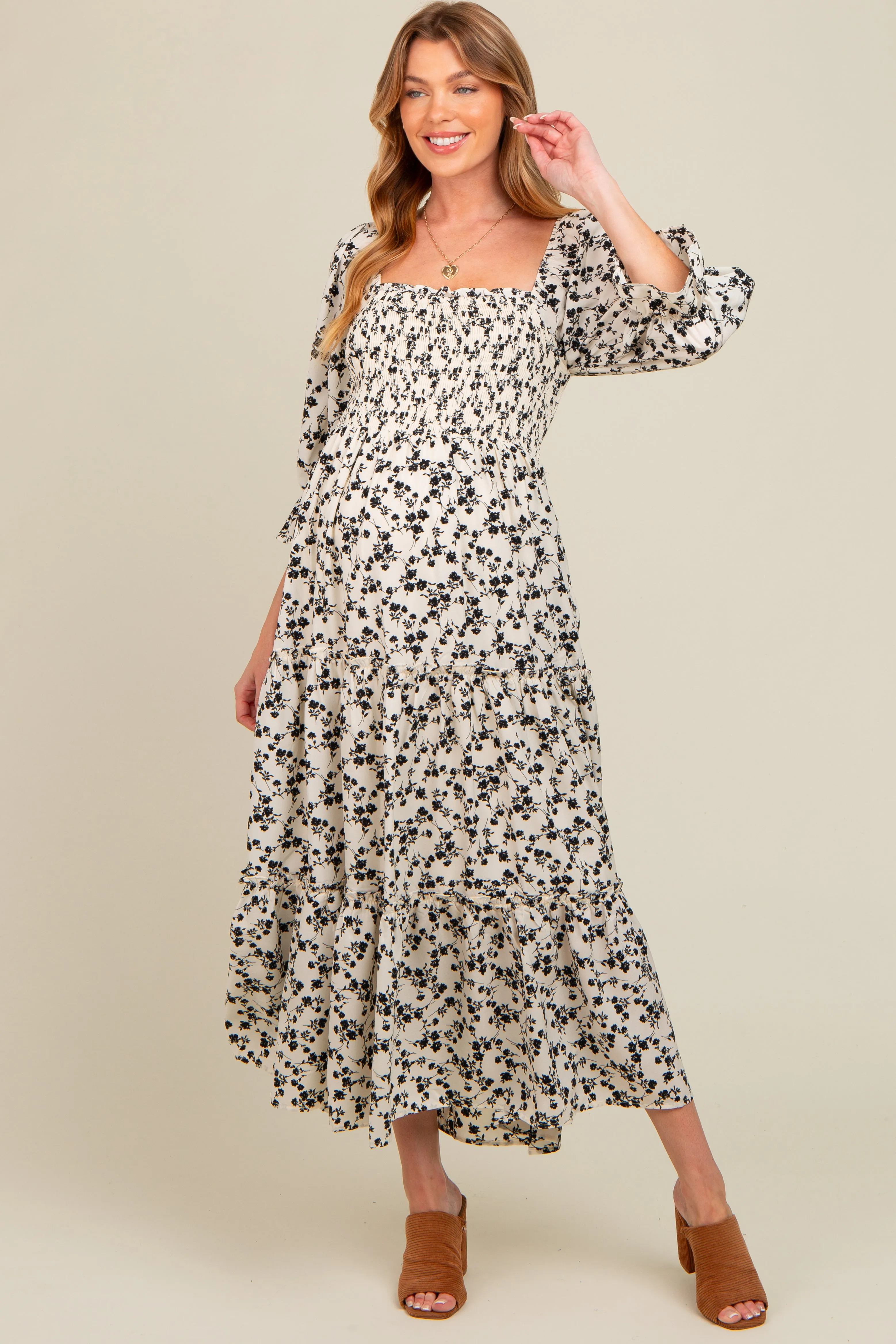 Cream Smocked Tiered Pocketed Maternity Midi Dress sold by Pinkblush product image thumbnail 3