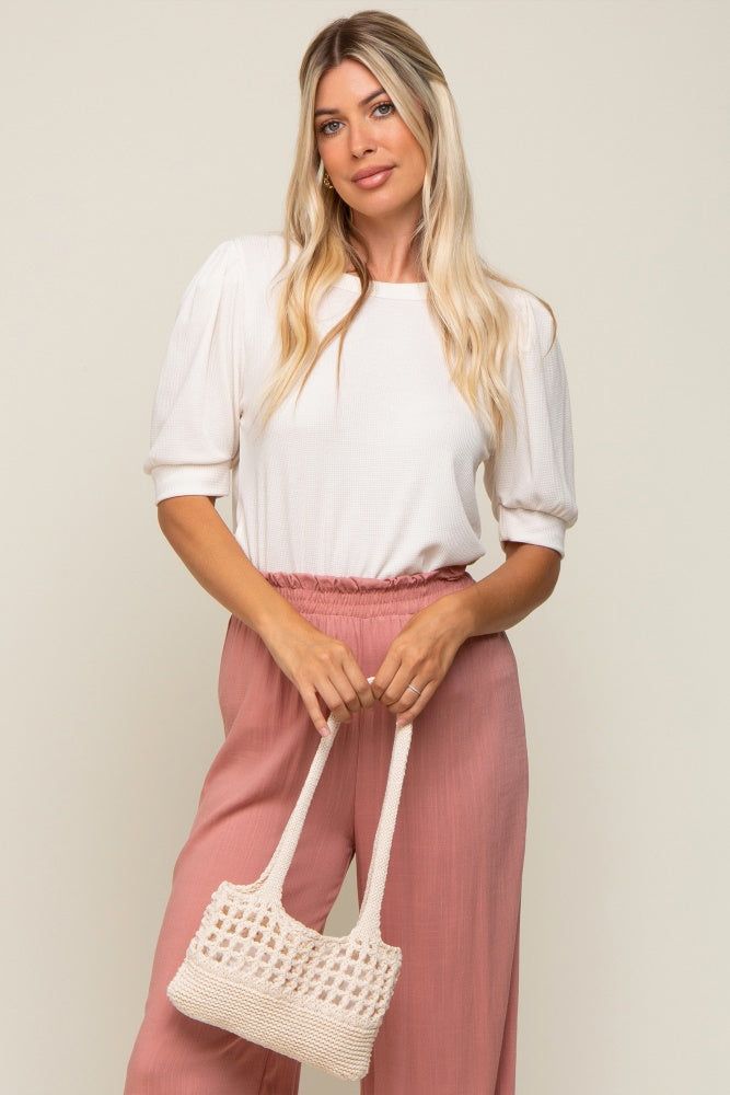 Ivory Puff Sleeve Waffle Knit Top sold by Pinkblush