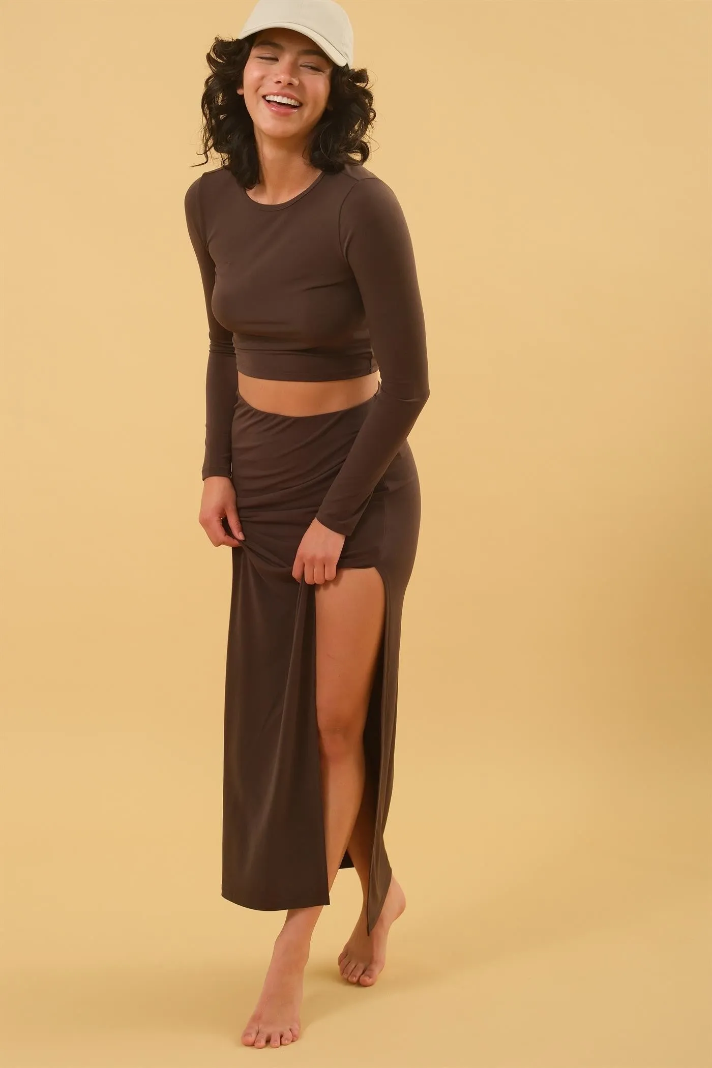 Espresso Long Sleeve Crop Top And Skirt Set sold by Pinkblush