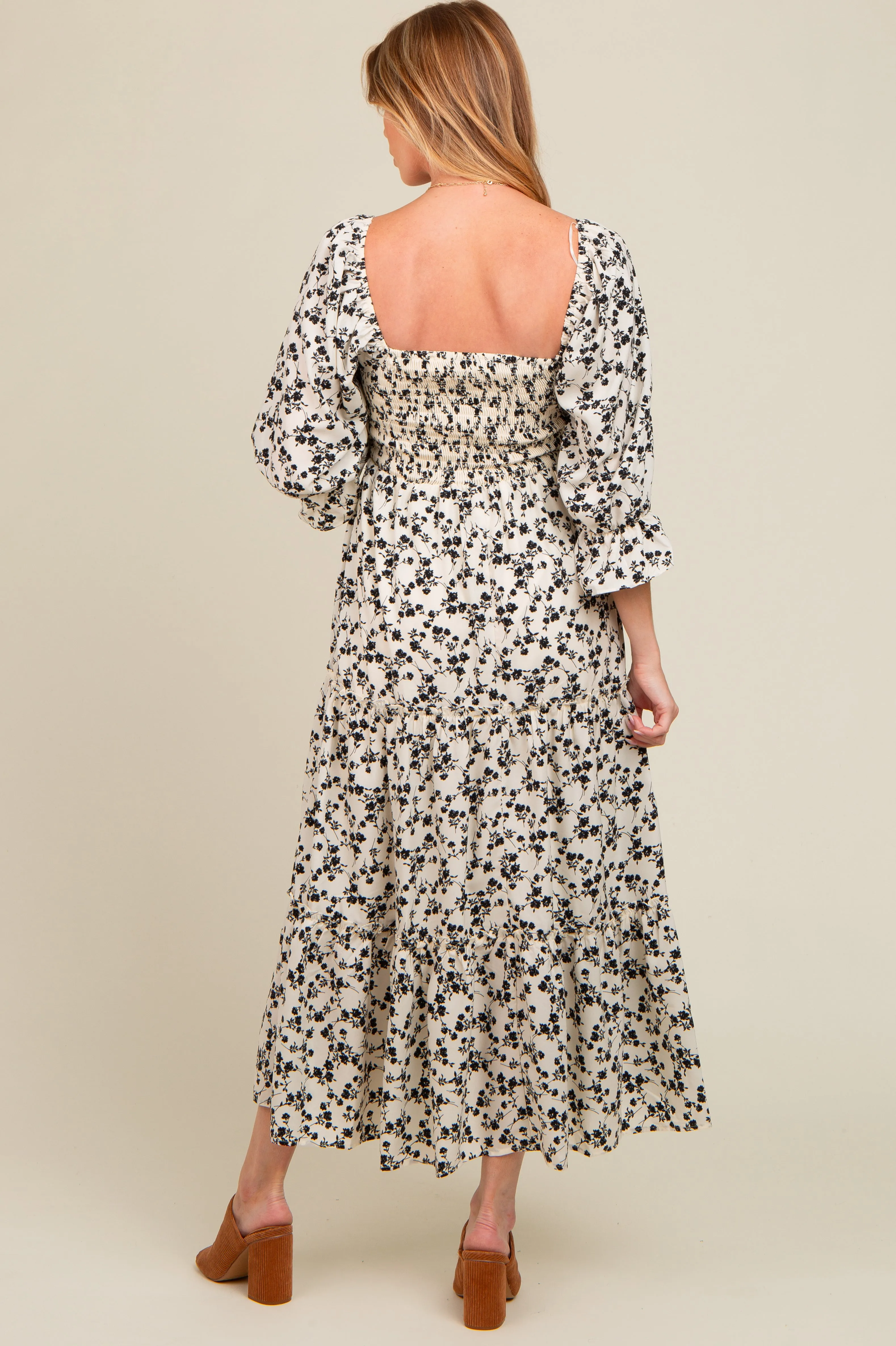 Cream Smocked Tiered Pocketed Maternity Midi Dress sold by Pinkblush product image thumbnail 4