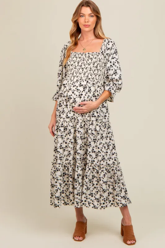 Cream Smocked Tiered Pocketed Maternity Midi Dress sold by Pinkblush
