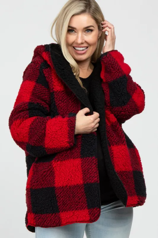 Red Plaid Reversible Sherpa Hooded Maternity Jacket made by Pinkblush