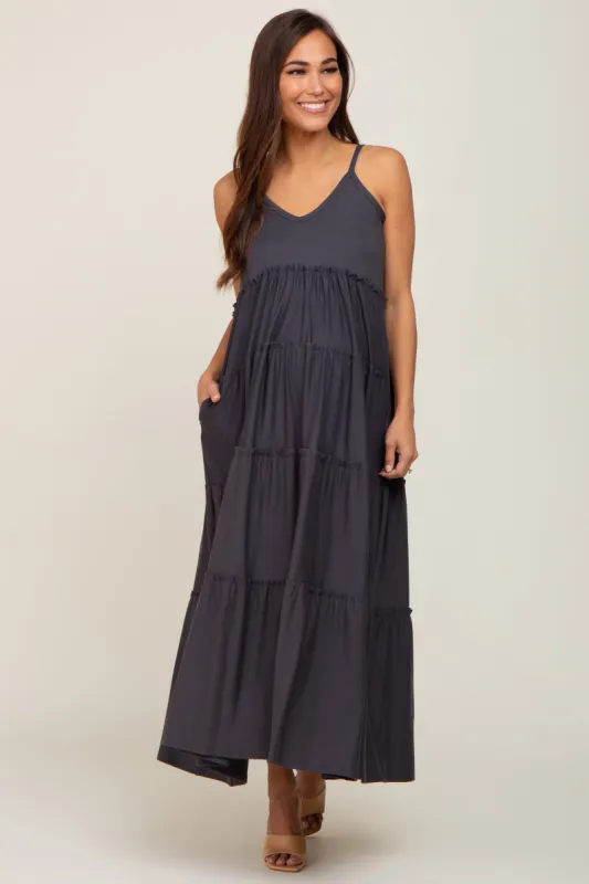Charcoal Tiered Sleeveless Maternity Maxi Dress sold by Pinkblush