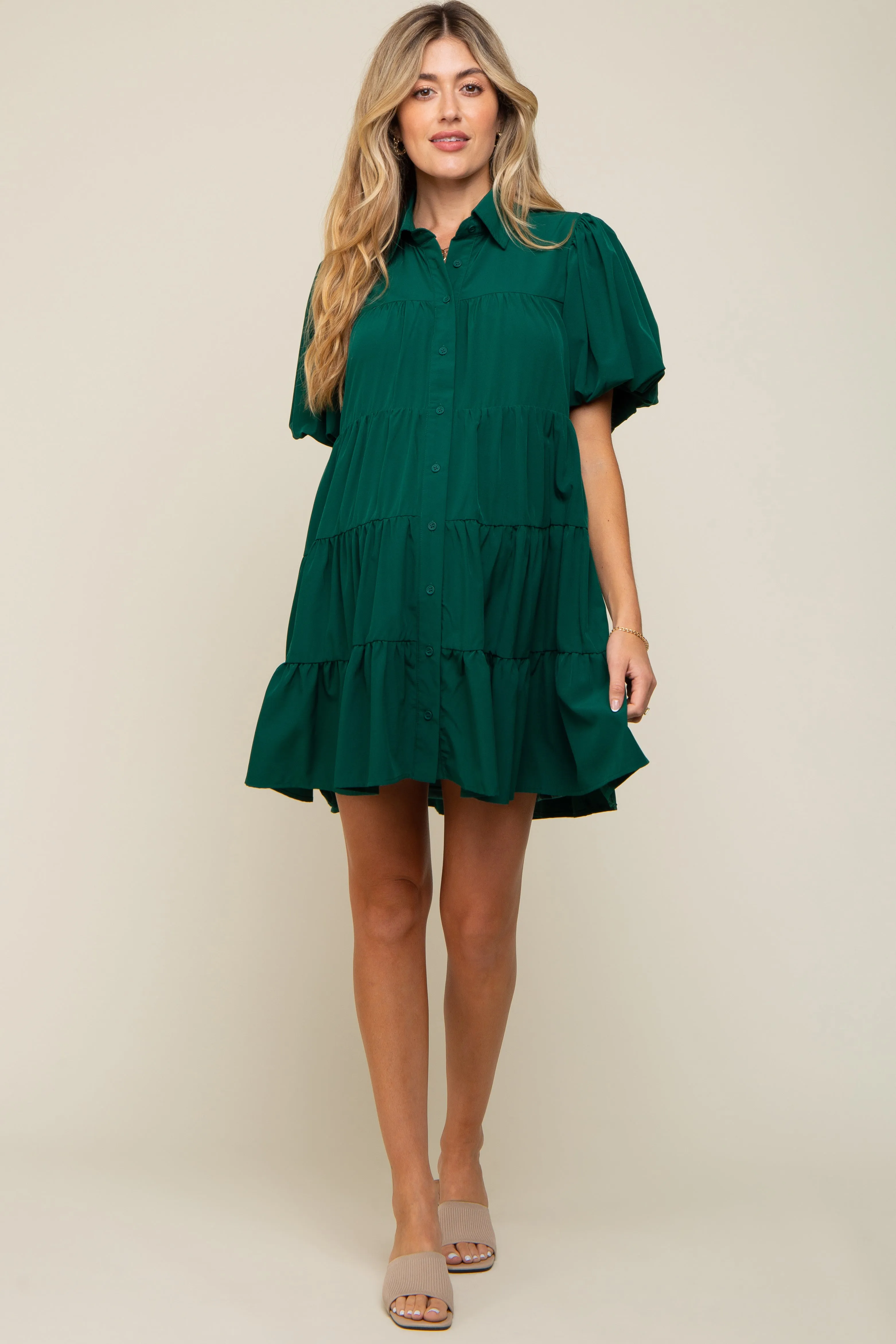 Forest Green Puff Sleeve Maternity Mini Shirt Dress sold by Pinkblush product image thumbnail 5