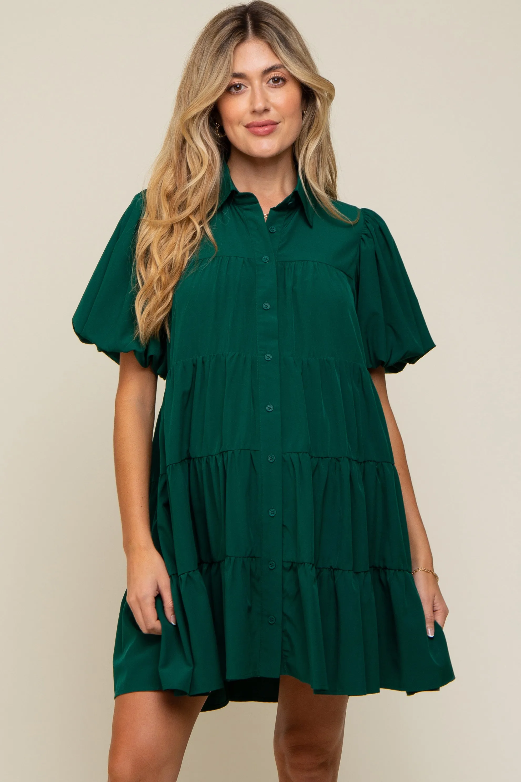 Forest Green Puff Sleeve Maternity Mini Shirt Dress sold by Pinkblush product image thumbnail 2