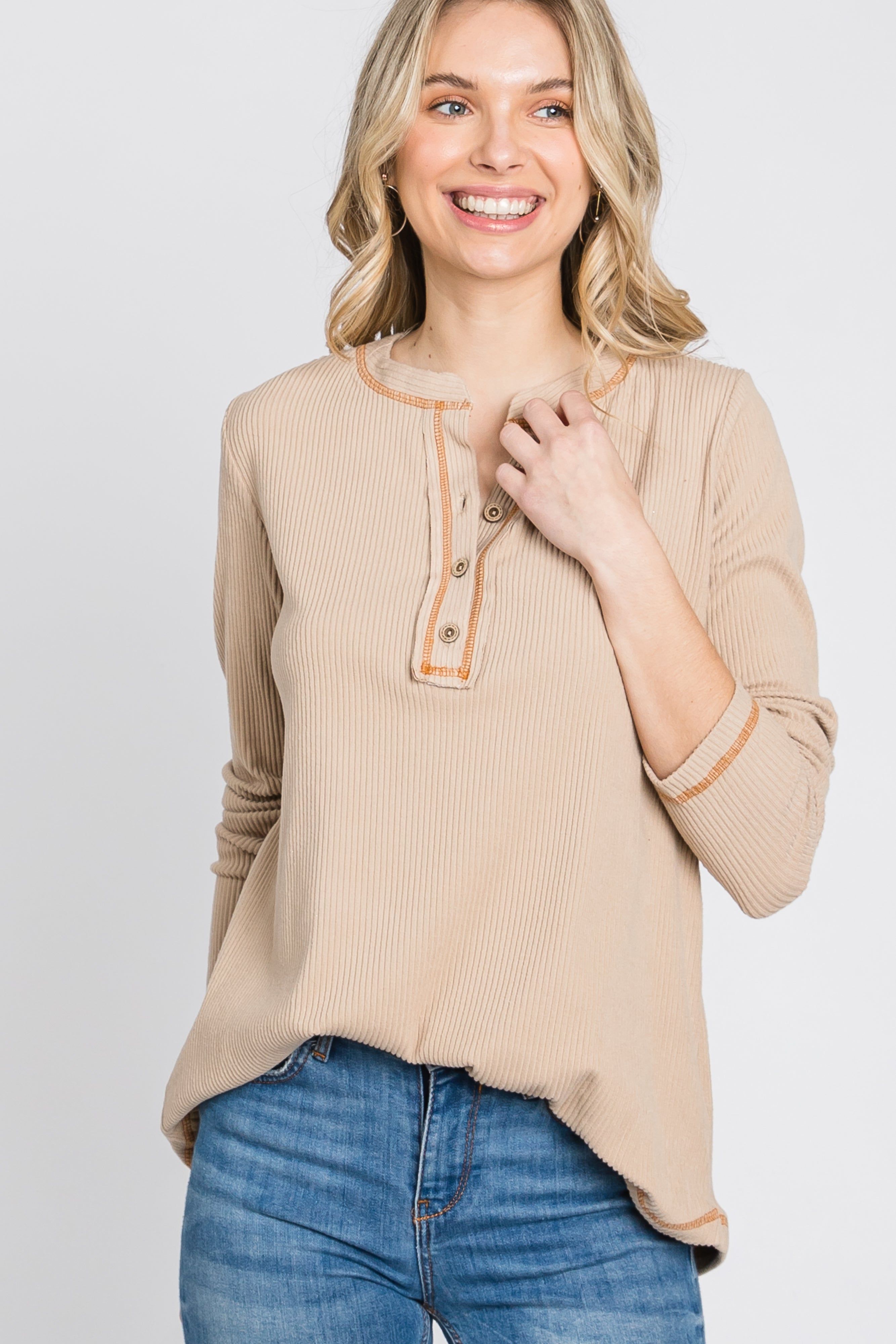 Beige Ribbed Top Stitch Long Sleeve Top sold by Pinkblush product image thumbnail 10