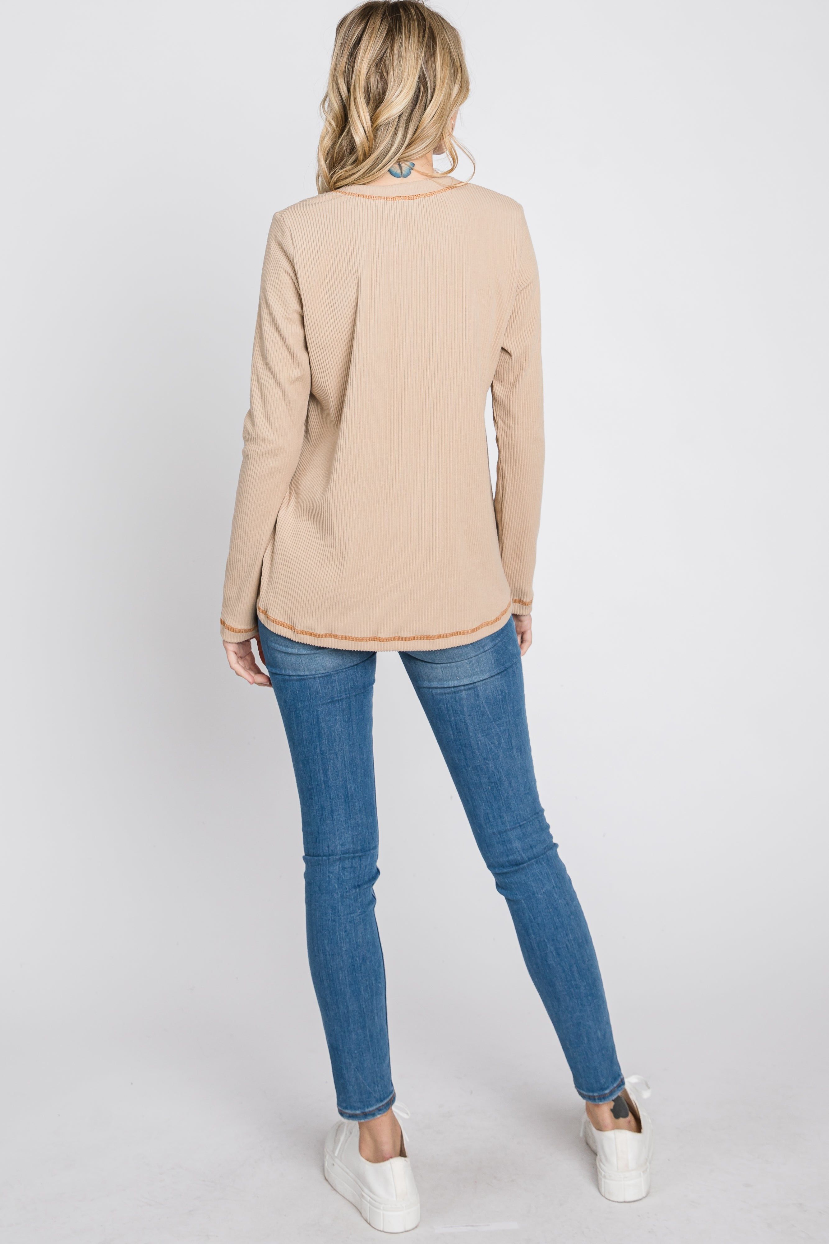 Beige Ribbed Top Stitch Long Sleeve Top sold by Pinkblush product image thumbnail 7