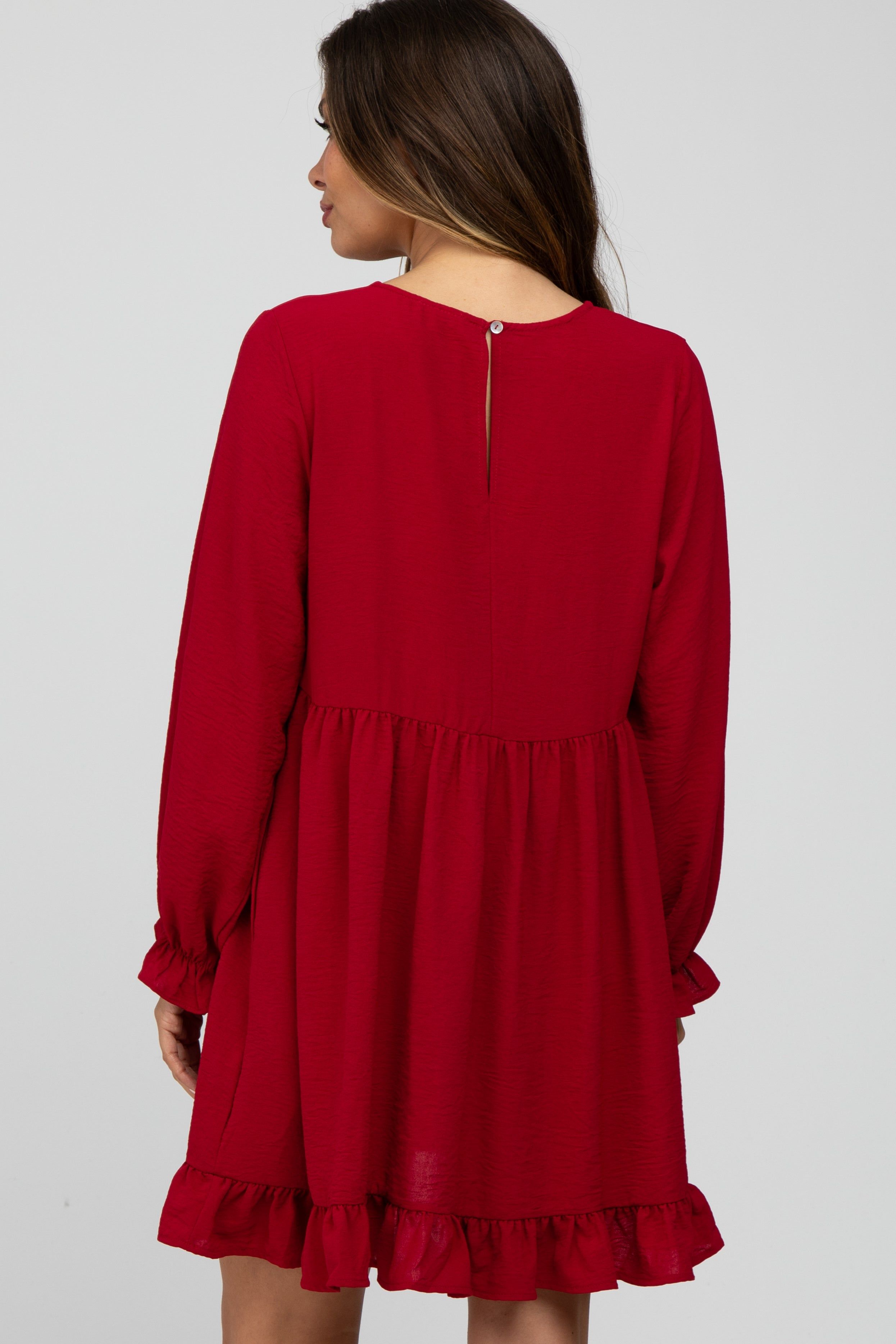 Burgundy Ruffle Trim Long Sleeve Maternity Dress sold by Pinkblush product image thumbnail 4