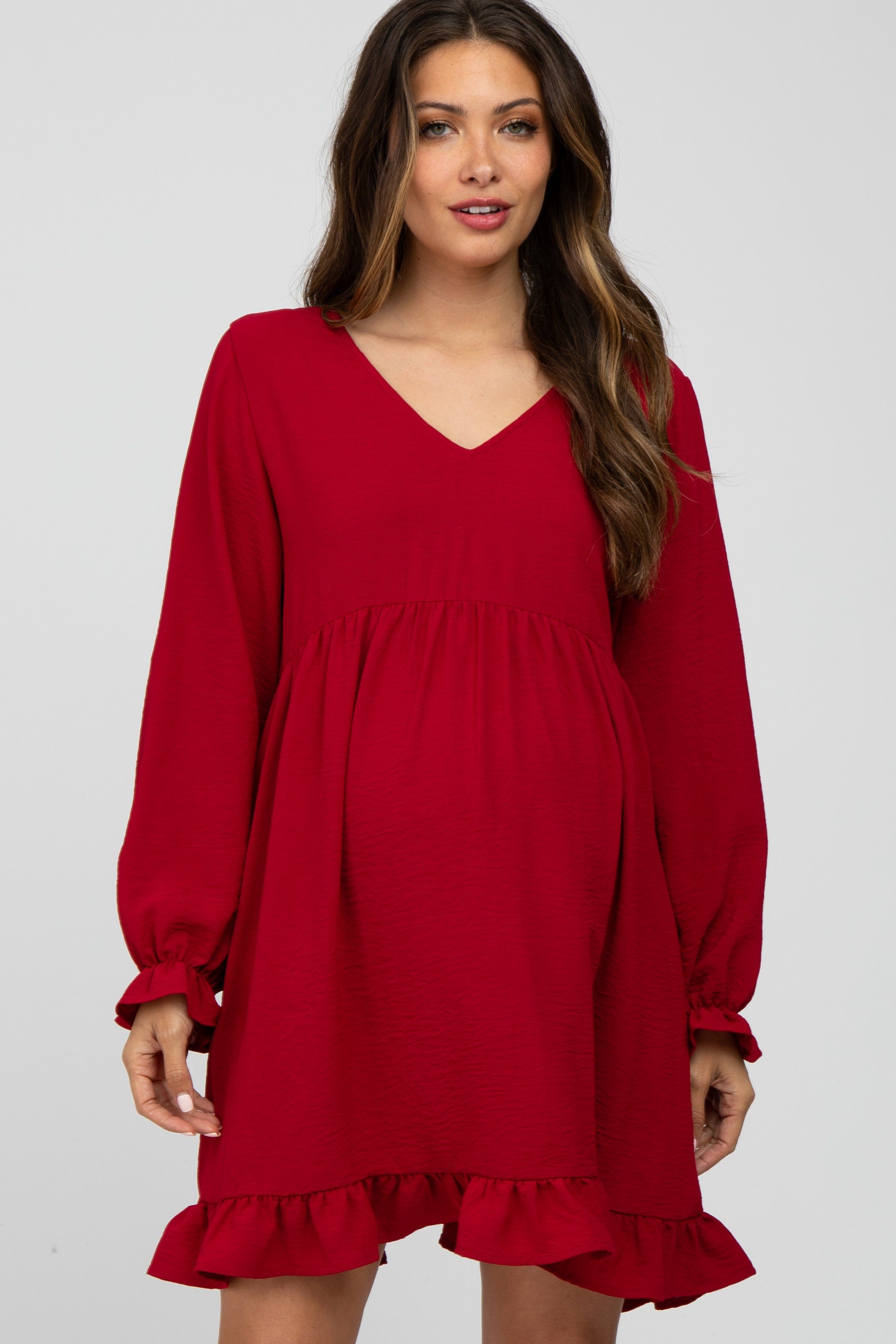 Burgundy Ruffle Trim Long Sleeve Maternity Dress sold by Pinkblush