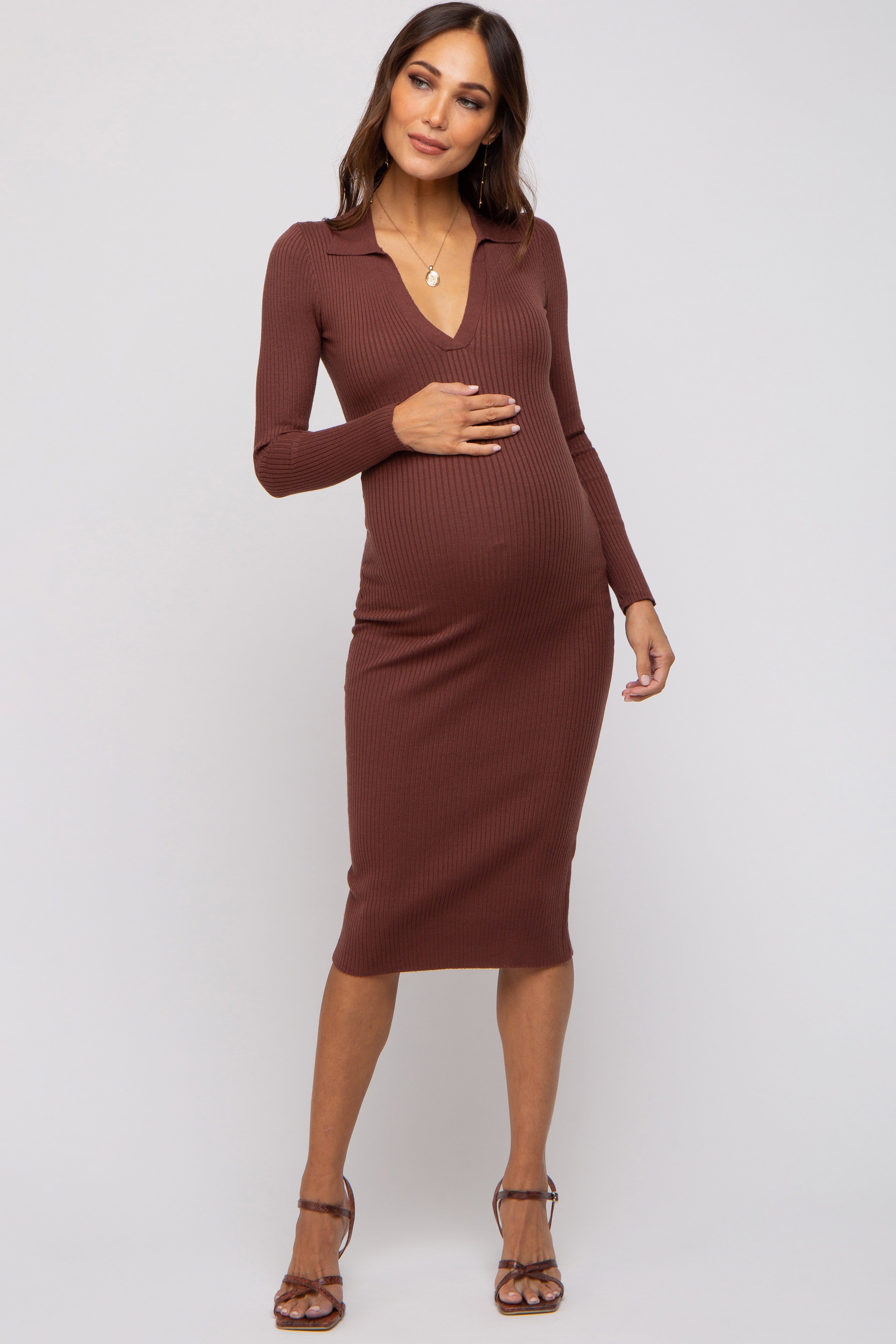 Brown Ribbed Knit Fitted Maternity Dress sold by Pinkblush