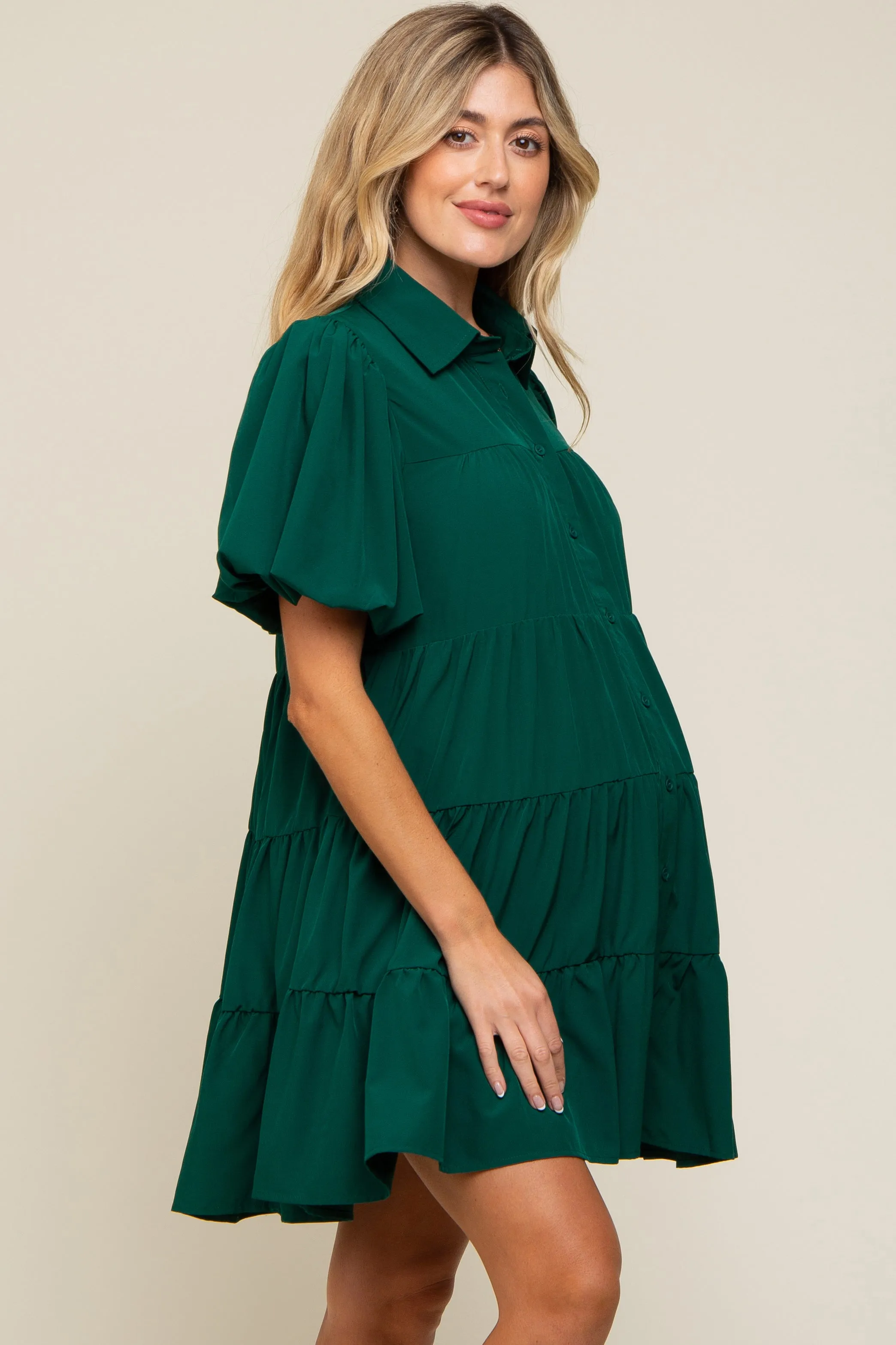 Forest Green Puff Sleeve Maternity Mini Shirt Dress sold by Pinkblush product image thumbnail 3