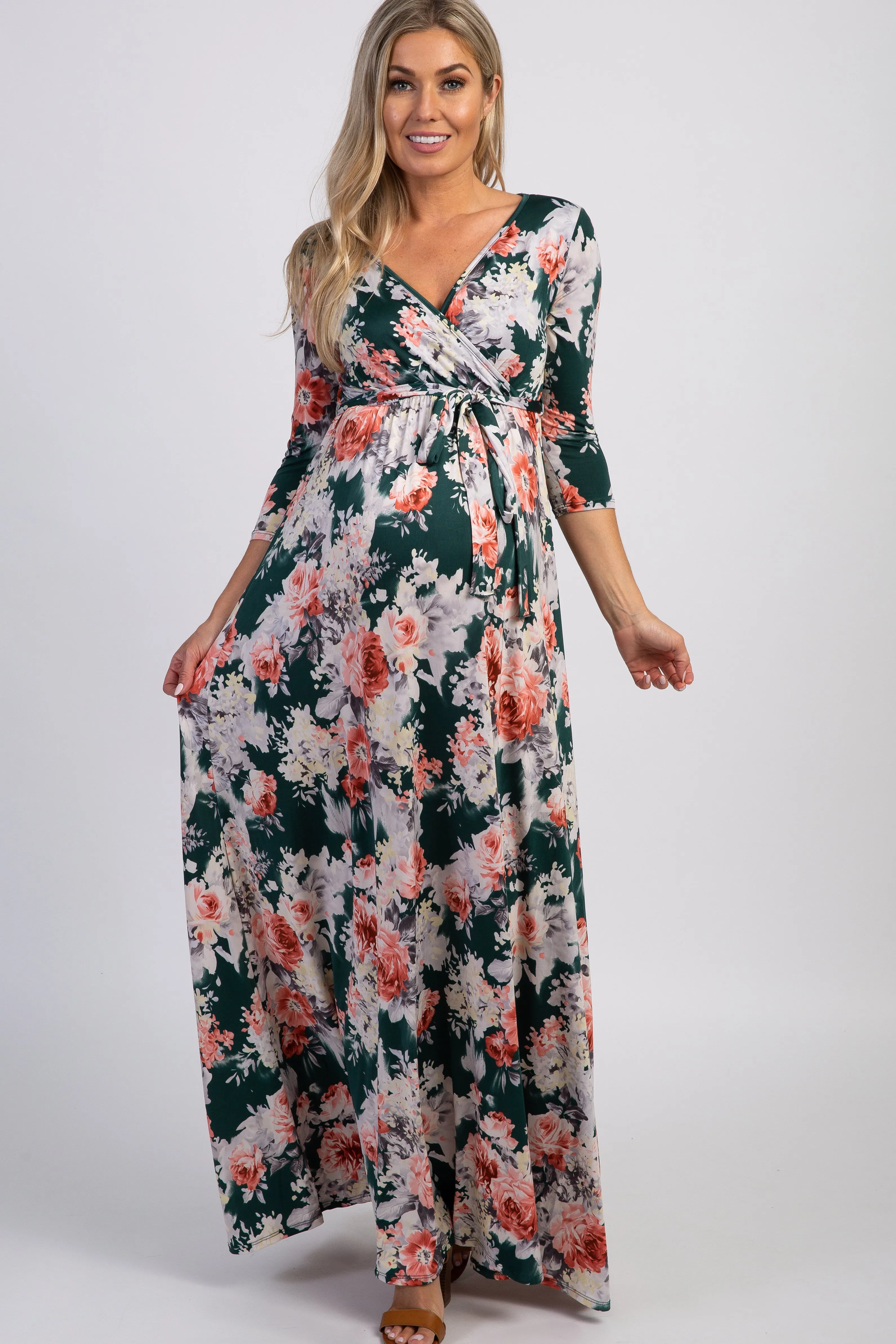 PinkBlush Green Floral Sash Tie Maternity/Nursing Maxi Dress sold by Pinkblush