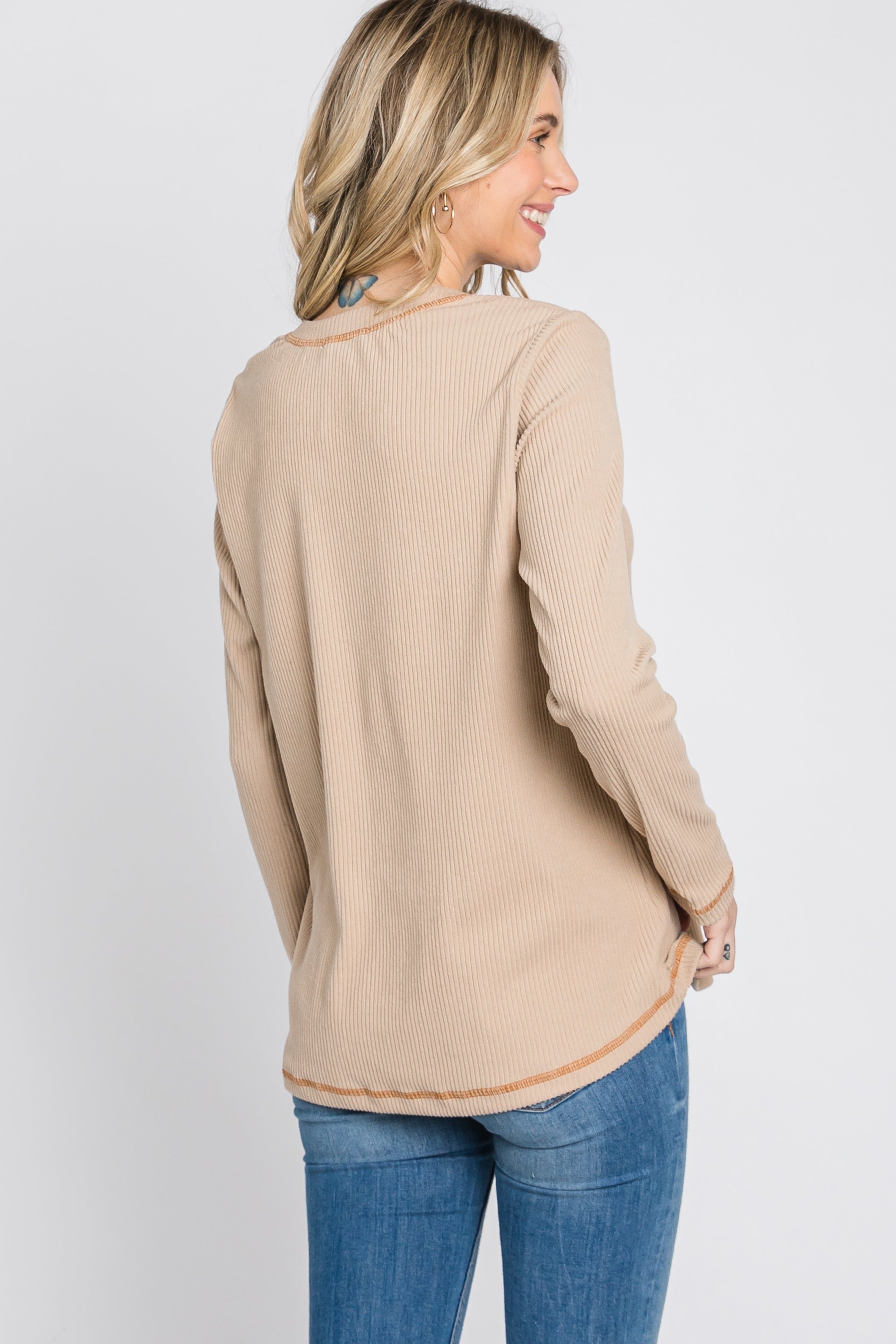 Beige Ribbed Top Stitch Long Sleeve Top sold by Pinkblush product image thumbnail 8