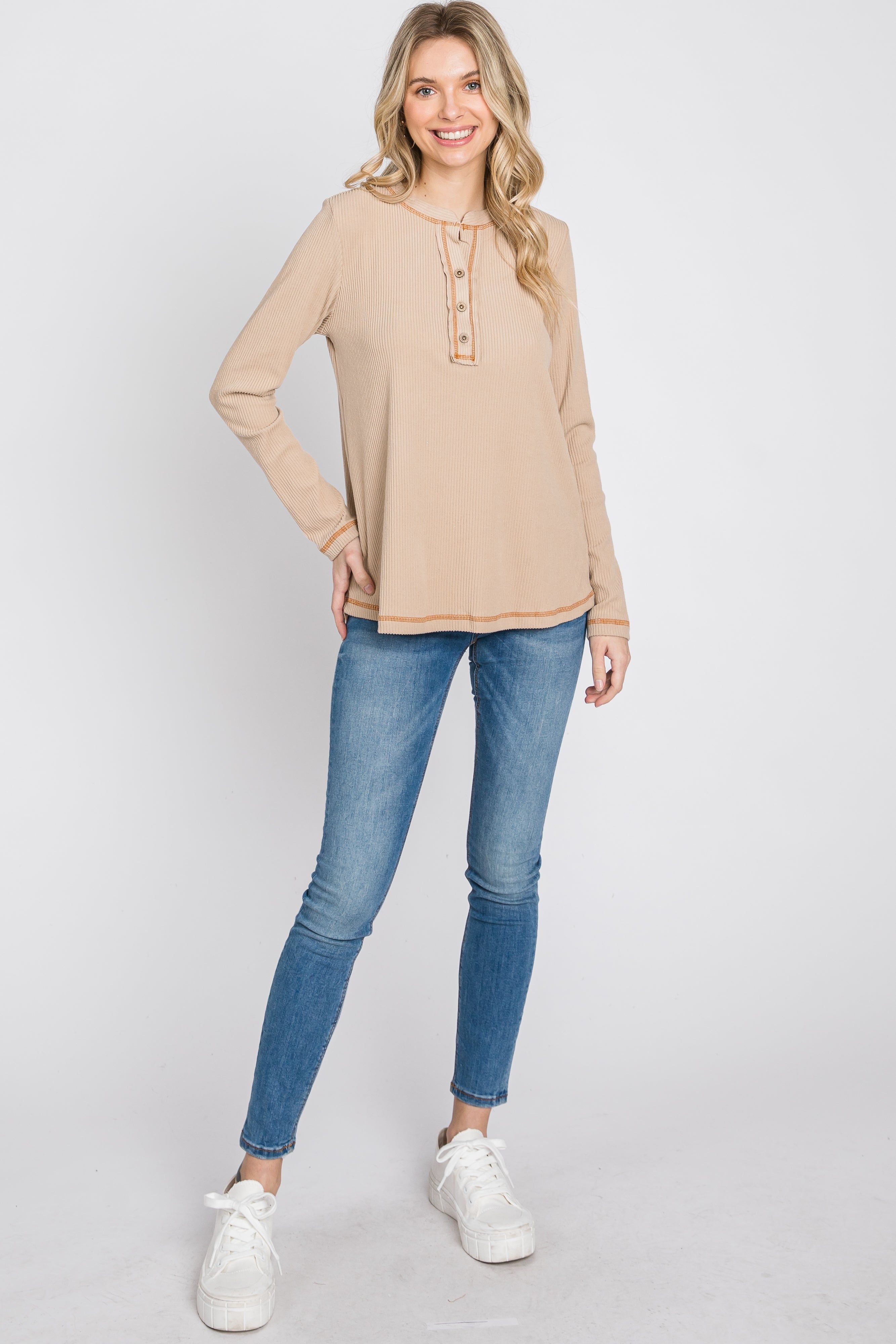 Beige Ribbed Top Stitch Long Sleeve Top sold by Pinkblush product image thumbnail 2