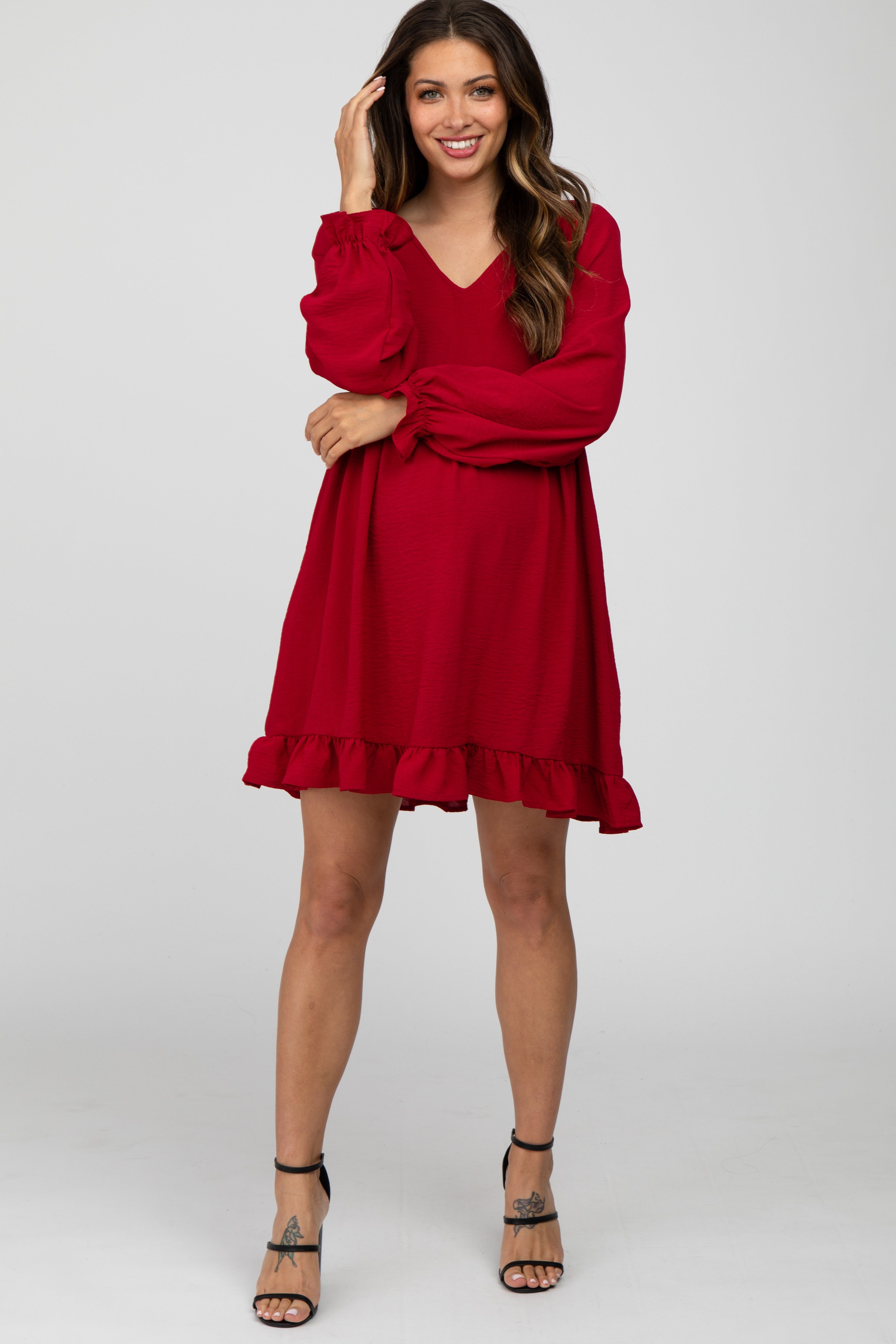 Burgundy Ruffle Trim Long Sleeve Maternity Dress sold by Pinkblush product image thumbnail 2
