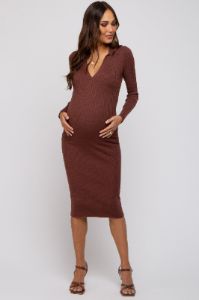 Brown Ribbed Knit Fitted Maternity Dress sold by Pinkblush