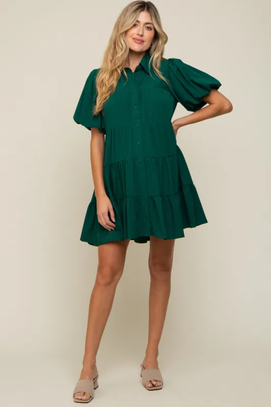 Forest Green Puff Sleeve Maternity Mini Shirt Dress sold by Pinkblush