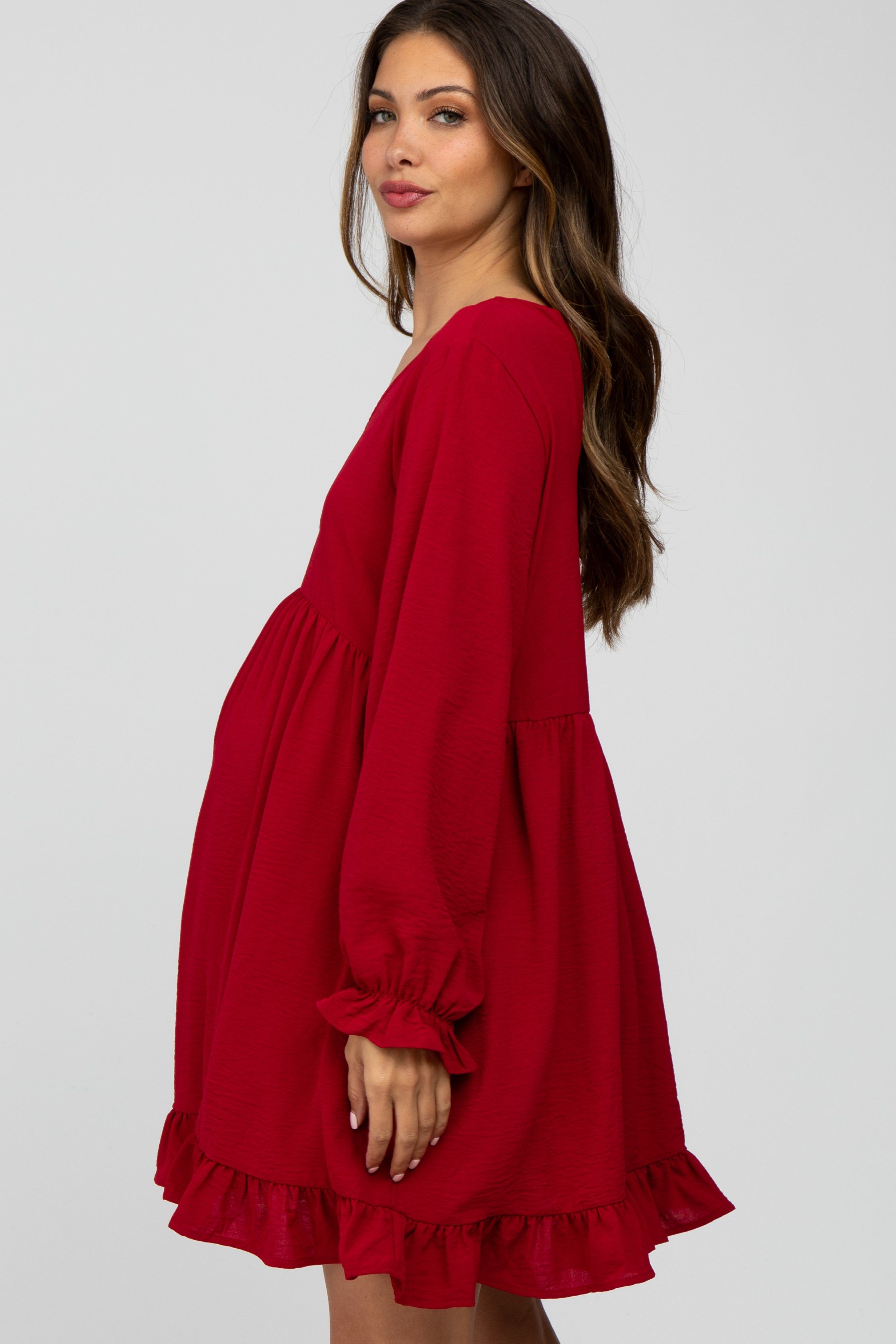 Burgundy Ruffle Trim Long Sleeve Maternity Dress sold by Pinkblush product image thumbnail 3