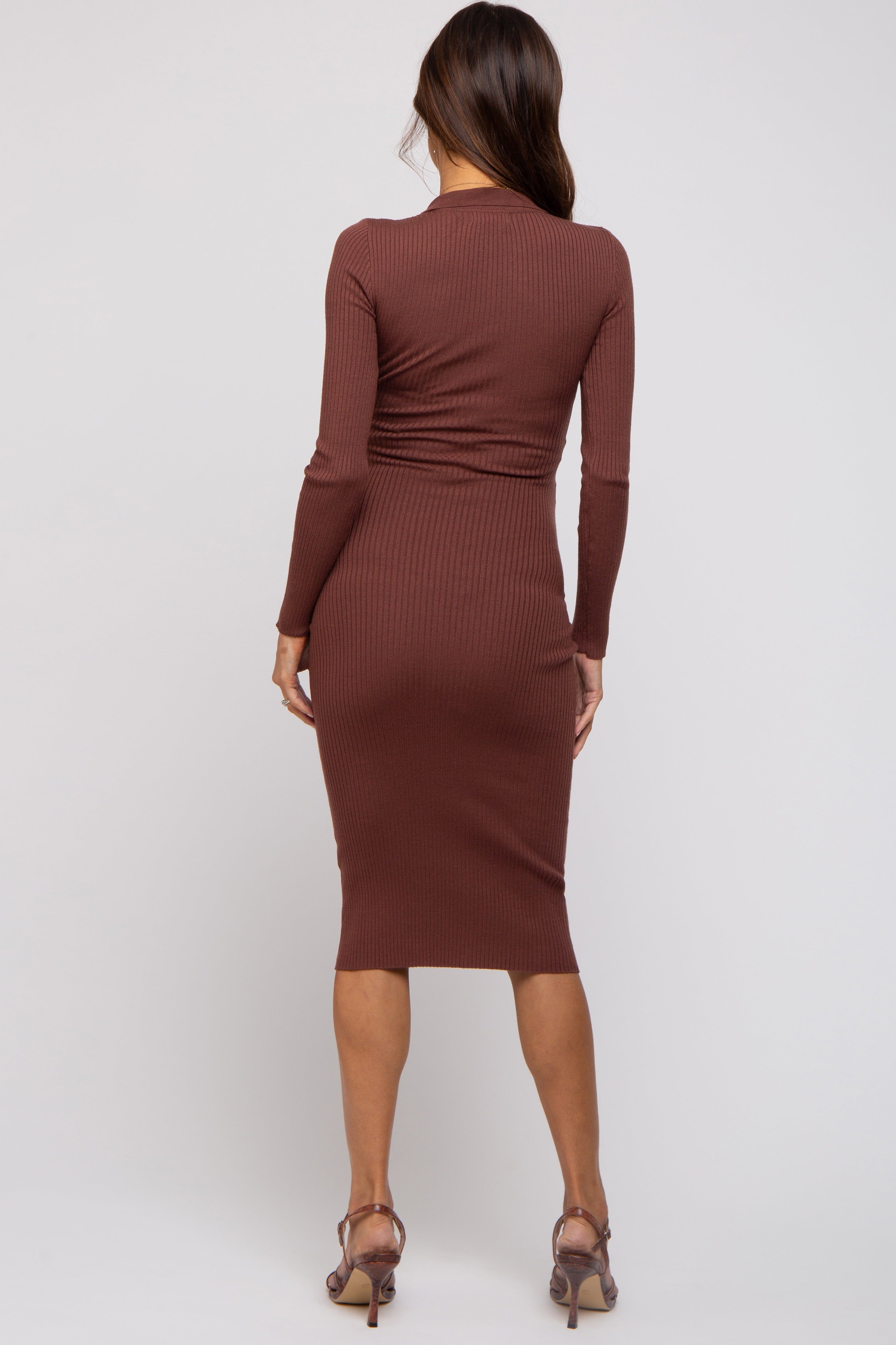 Brown Ribbed Knit Fitted Maternity Dress sold by Pinkblush product image thumbnail 3
