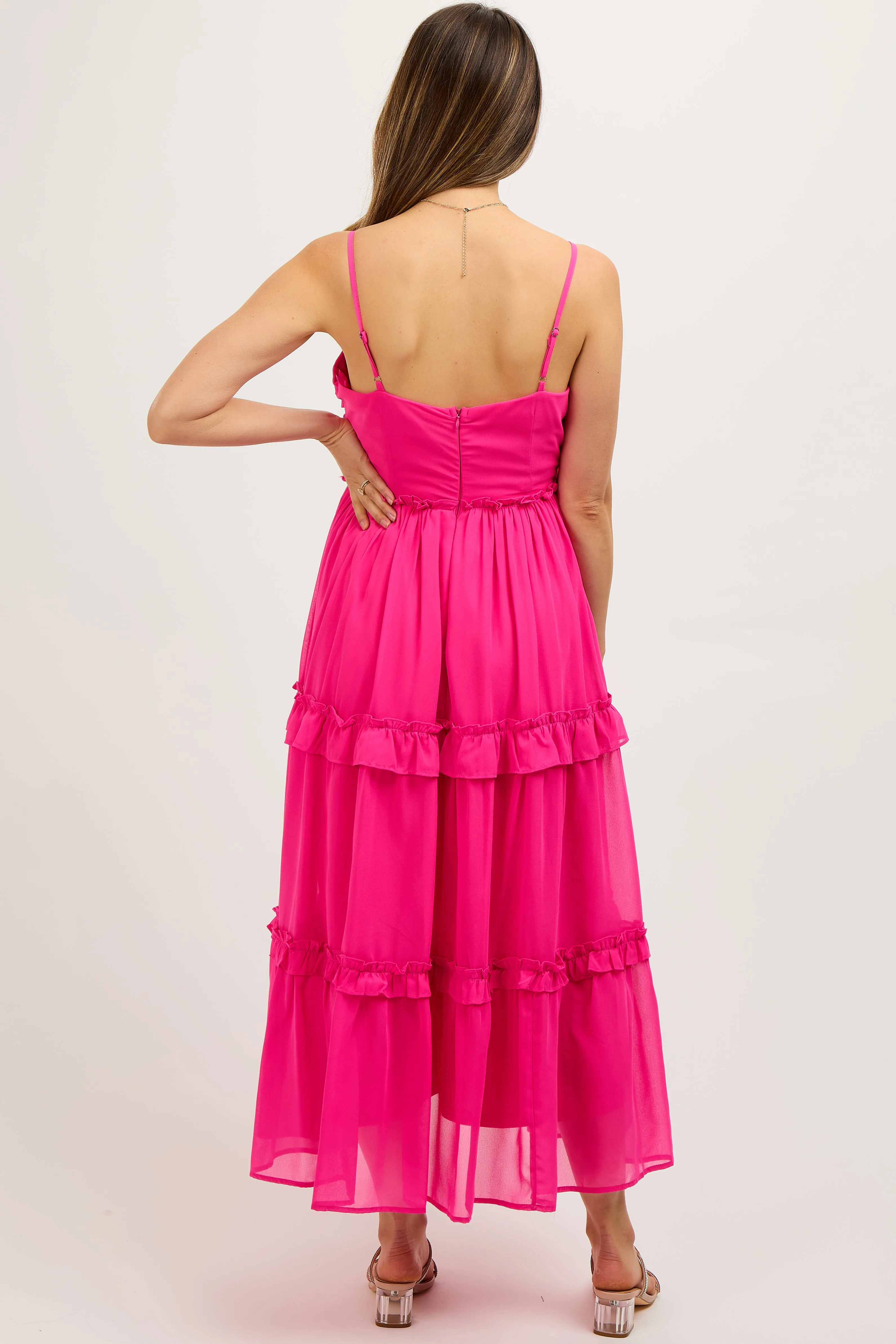 Fuchsia Sleeveless Pleated Ruffle Tiered Maternity Midi Dress sold by Pinkblush product image thumbnail 3