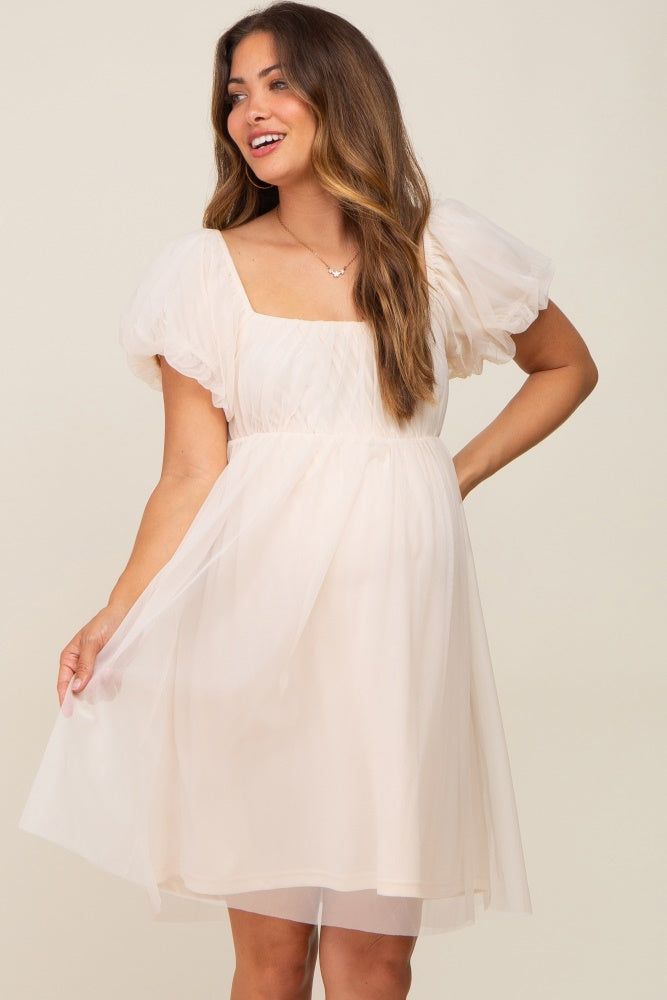Beige Tulle Puff Sleeve Maternity Dress sold by Pinkblush product image thumbnail 2