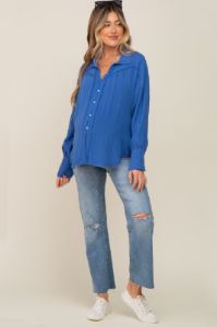 Blue Button-Down Raw Hem Maternity Blouse sold by Pinkblush