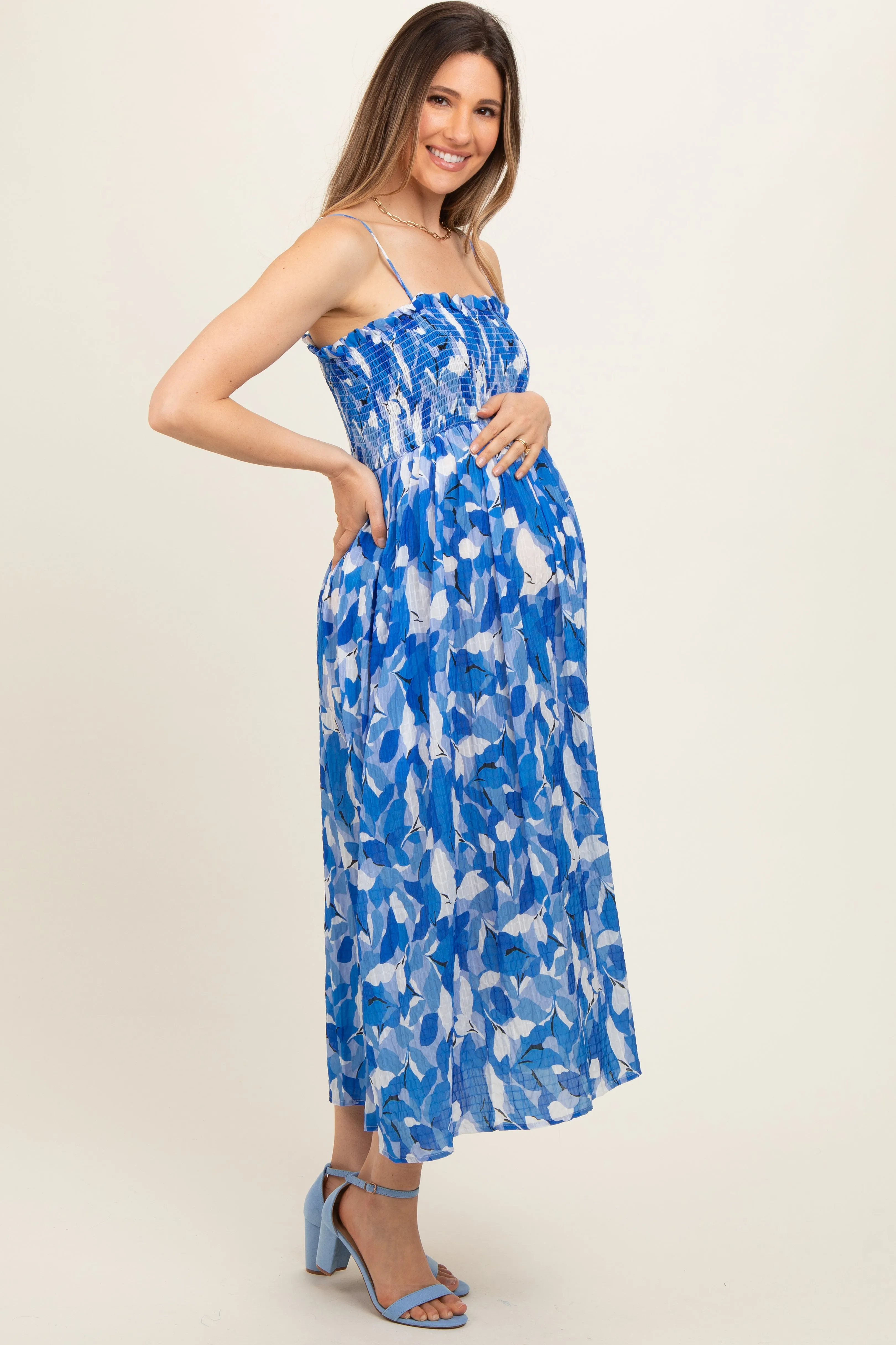 Royal Blue Abstract Floral Smocked Maternity Midi Dress sold by Pinkblush product image thumbnail 3