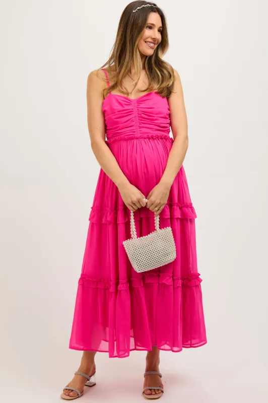Fuchsia Sleeveless Pleated Ruffle Tiered Maternity Midi Dress sold by Pinkblush