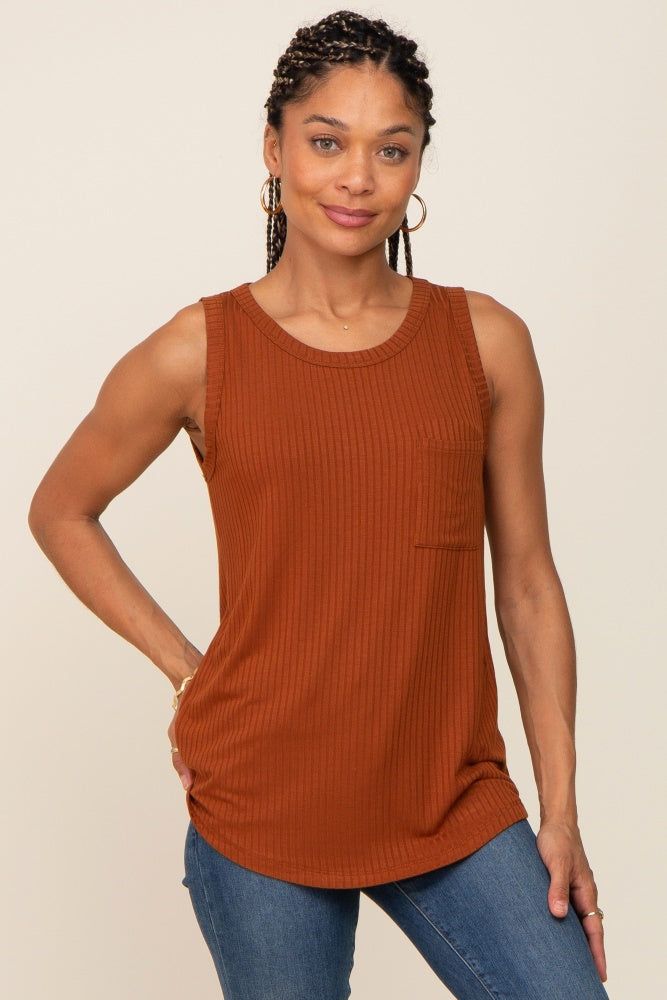 Rust Sleeveless Ribbed Pocked Top sold by Pinkblush
