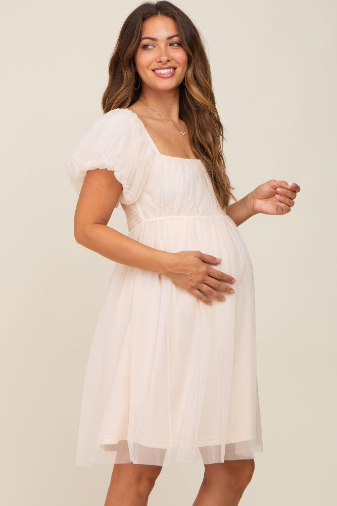 Beige Tulle Puff Sleeve Maternity Dress sold by Pinkblush product image thumbnail 3