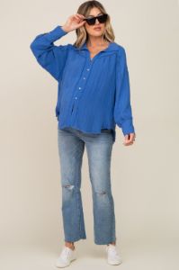 Blue Button-Down Raw Hem Maternity Blouse sold by Pinkblush