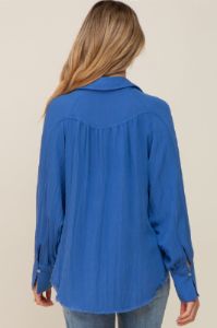 Blue Button-Down Raw Hem Maternity Blouse sold by Pinkblush