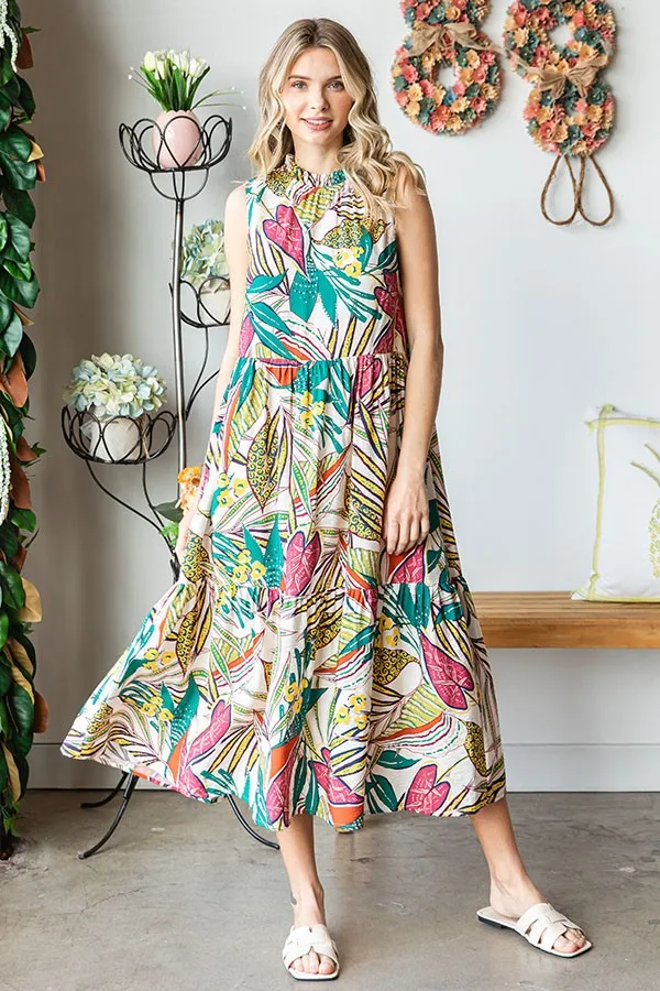 Cream Floral Ruffle Mock Neck Tiered Midi Dress sold by Pinkblush