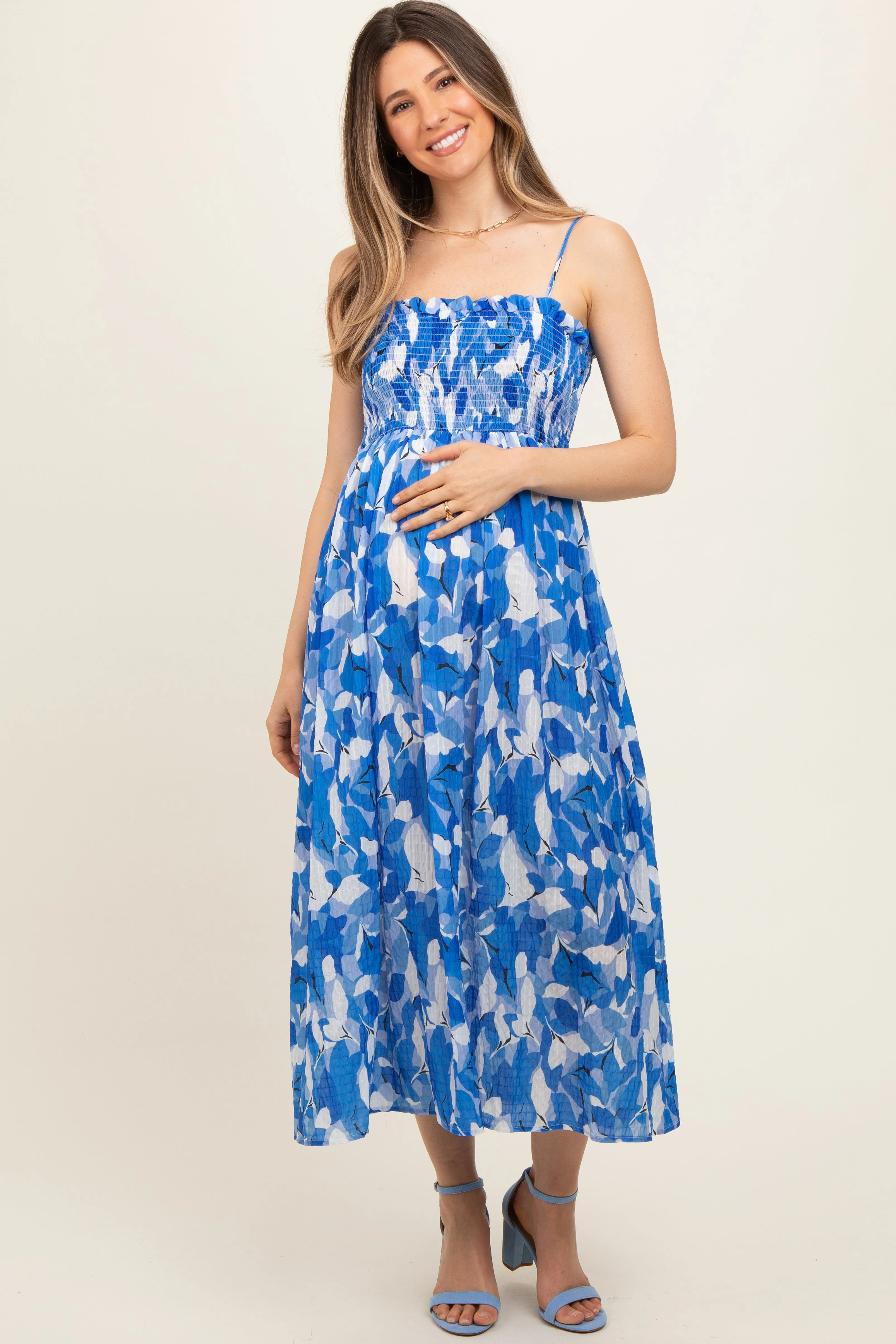 Royal Blue Abstract Floral Smocked Maternity Midi Dress sold by Pinkblush