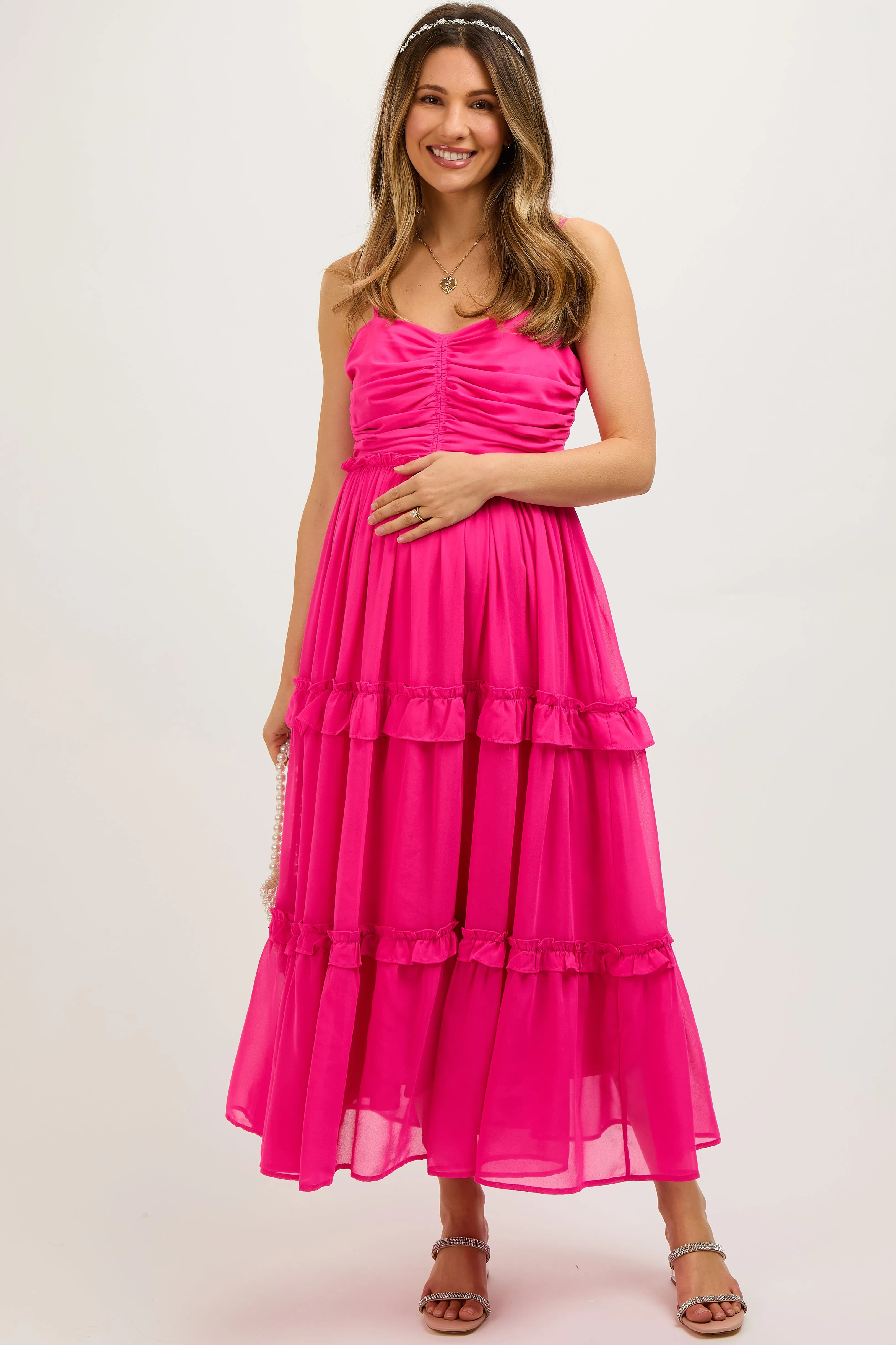 Fuchsia Sleeveless Pleated Ruffle Tiered Maternity Midi Dress sold by Pinkblush product image thumbnail 2