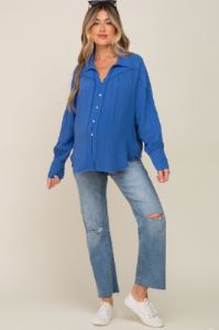 Blue Button-Down Raw Hem Maternity Blouse sold by Pinkblush