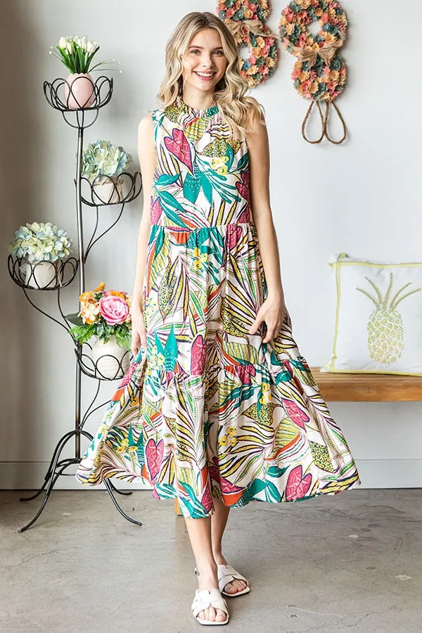 Cream Floral Ruffle Mock Neck Tiered Midi Dress sold by Pinkblush product image thumbnail 2