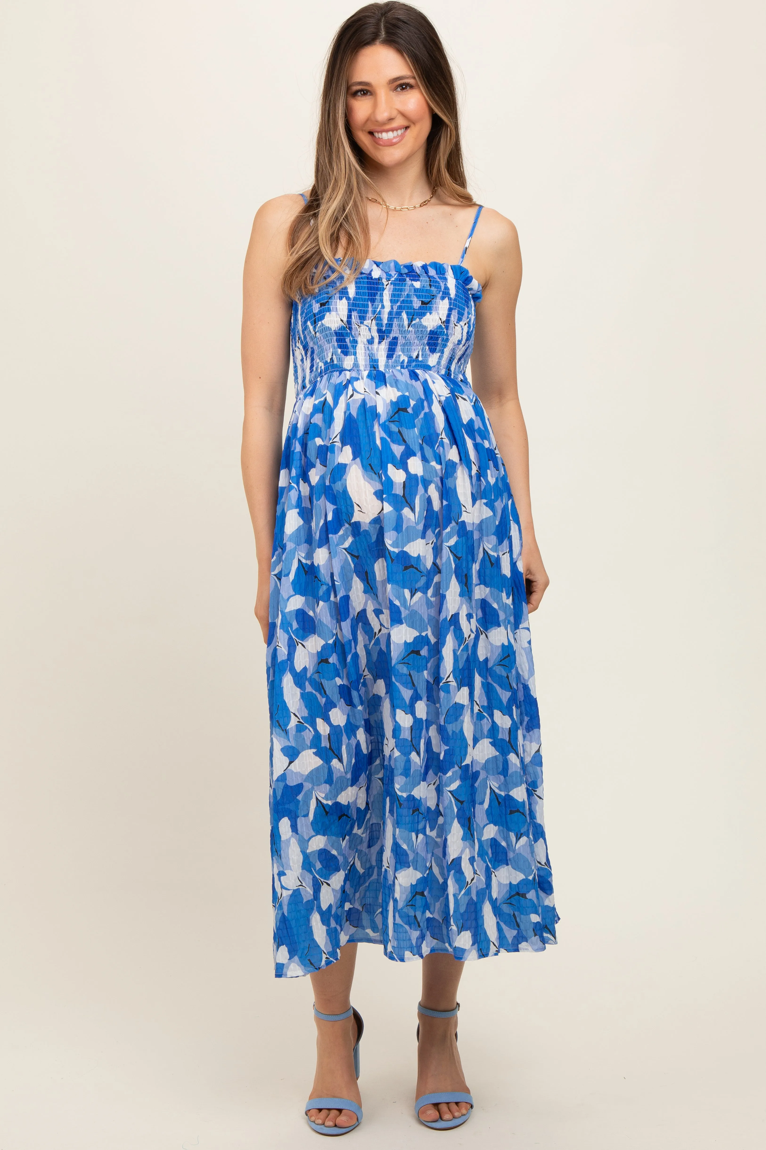 Royal Blue Abstract Floral Smocked Maternity Midi Dress sold by Pinkblush product image thumbnail 2
