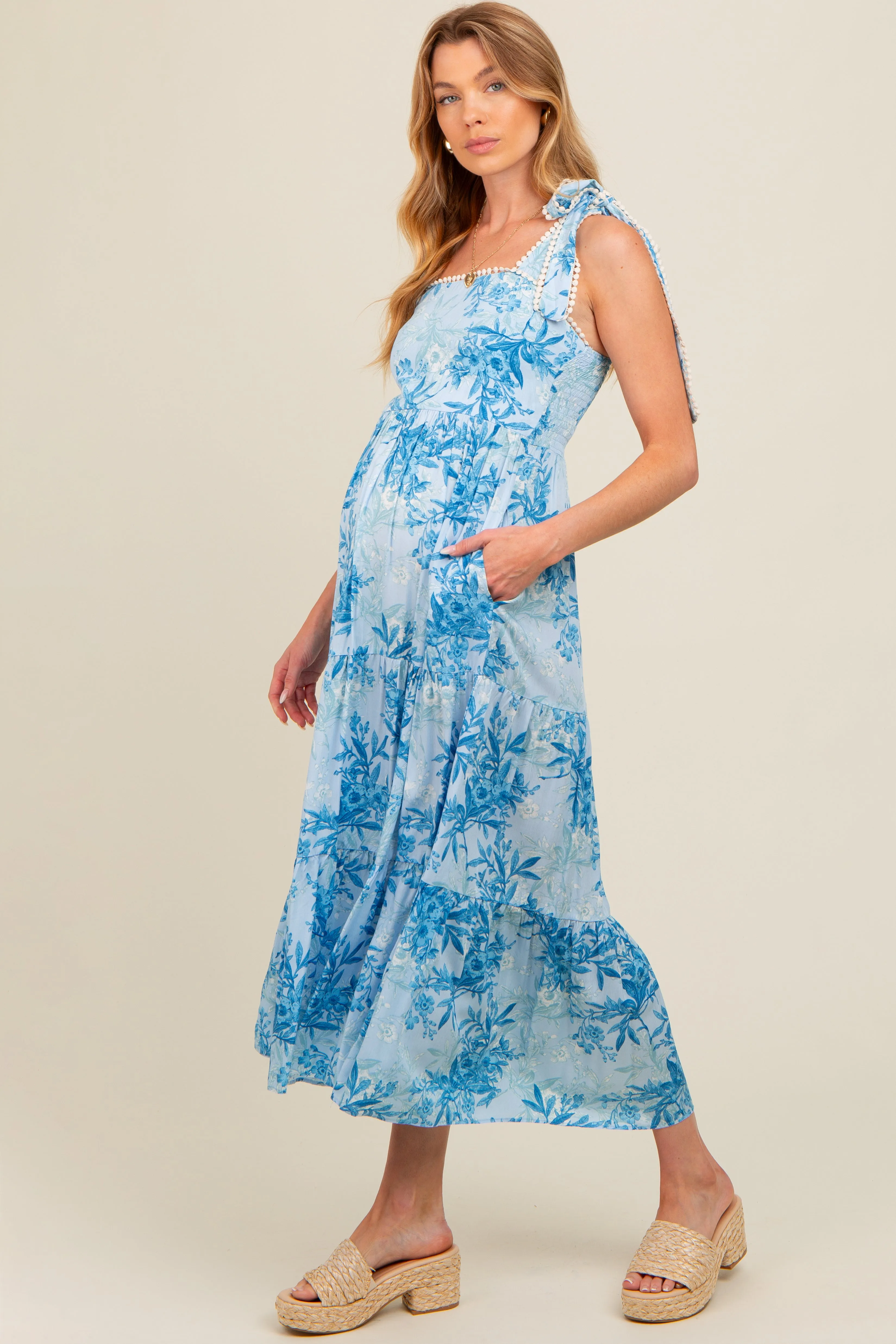 Blue Crochet Trim Floral Maternity Maxi Dress sold by Pinkblush product image thumbnail 3