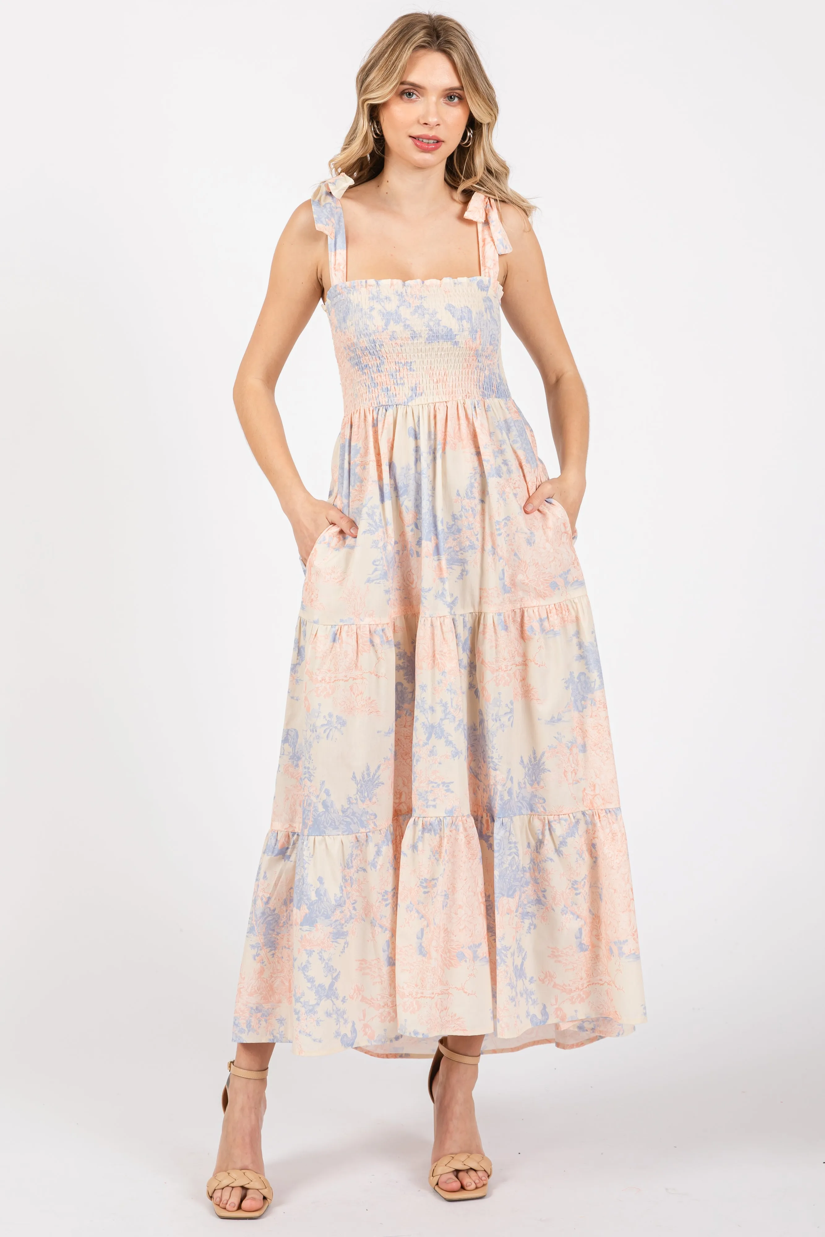 Multicolor Pastel Print Shoulder Tie Tiered Midi Dress sold by Pinkblush
