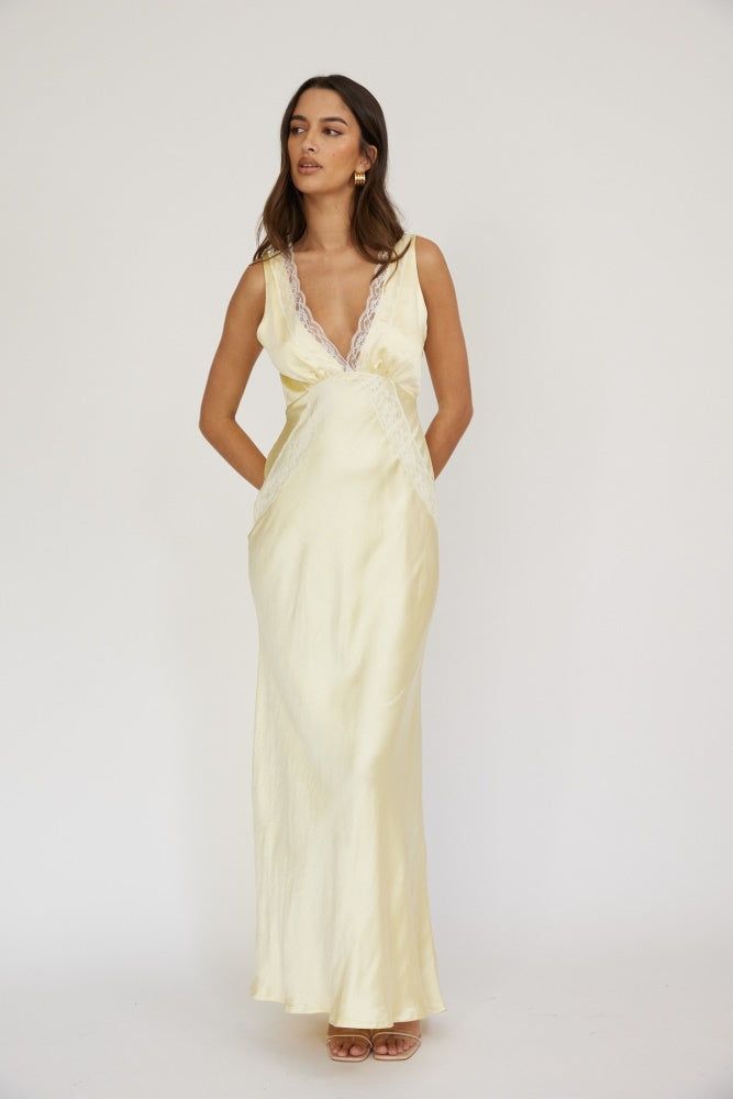 Butter Lace Trim Satin V Neckline Maxi Dress sold by Pinkblush