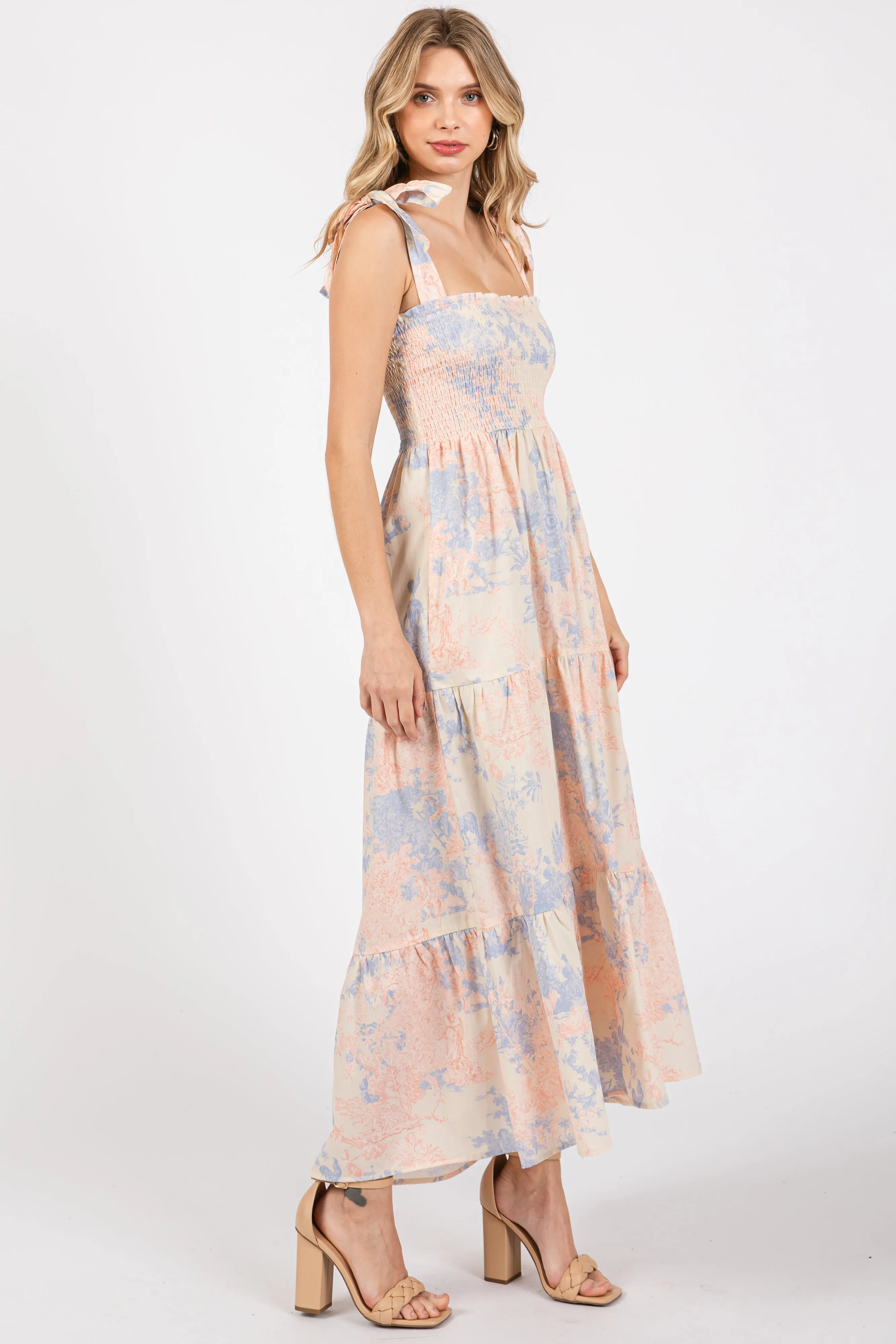 Multicolor Pastel Print Shoulder Tie Tiered Midi Dress sold by Pinkblush product image thumbnail 2