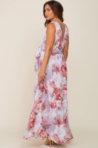 Red Floral Chiffon Double V-Neck Sleeveless Maternity Maxi Dress sold by Pinkblush