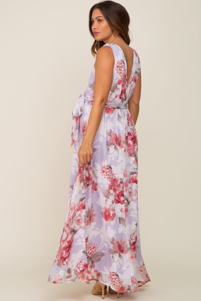 Red Floral Chiffon Double V-Neck Sleeveless Maternity Maxi Dress sold by Pinkblush product image thumbnail 3